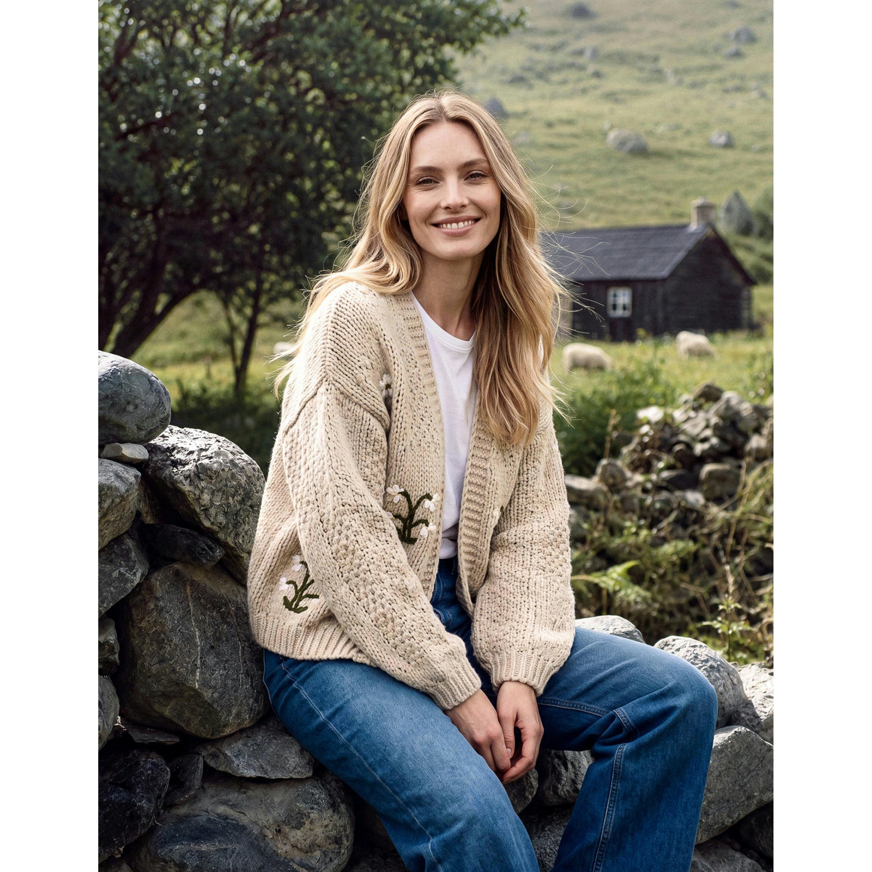 Blue Vanilla Flower Embroidery Cardigan  in Stone , view 5 of 5