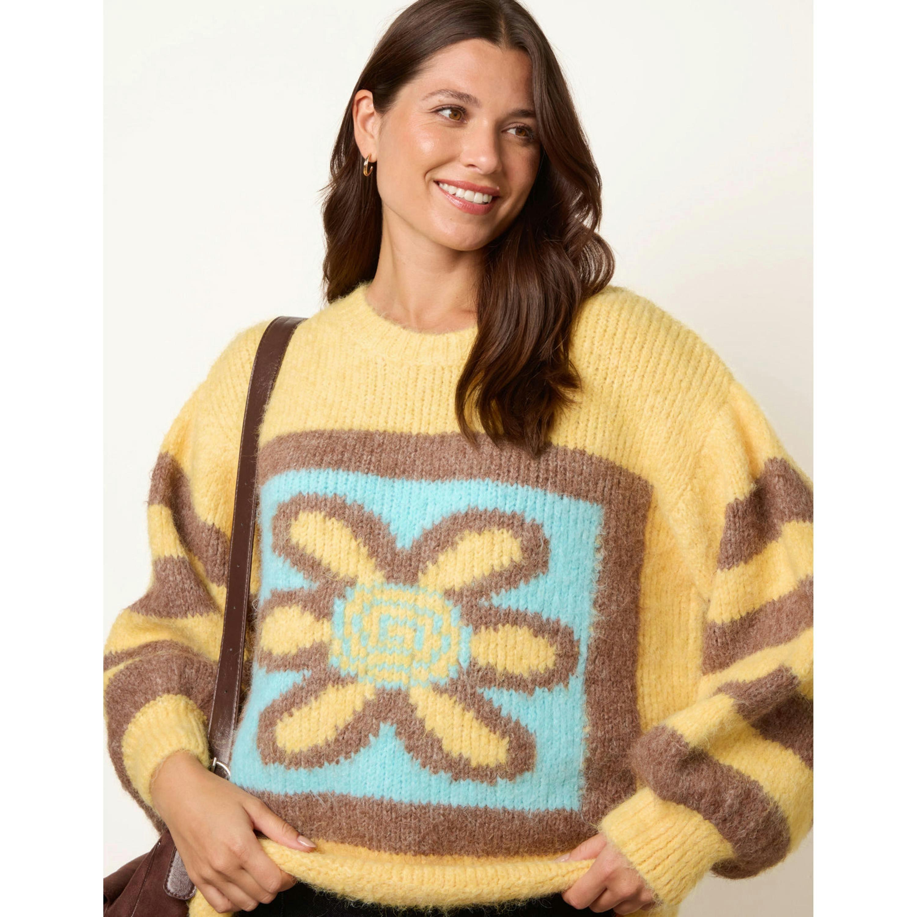 Blue Vanilla Retro Flower Print Balloon Sleeve Jumper  in Yellow , view 1 of 4