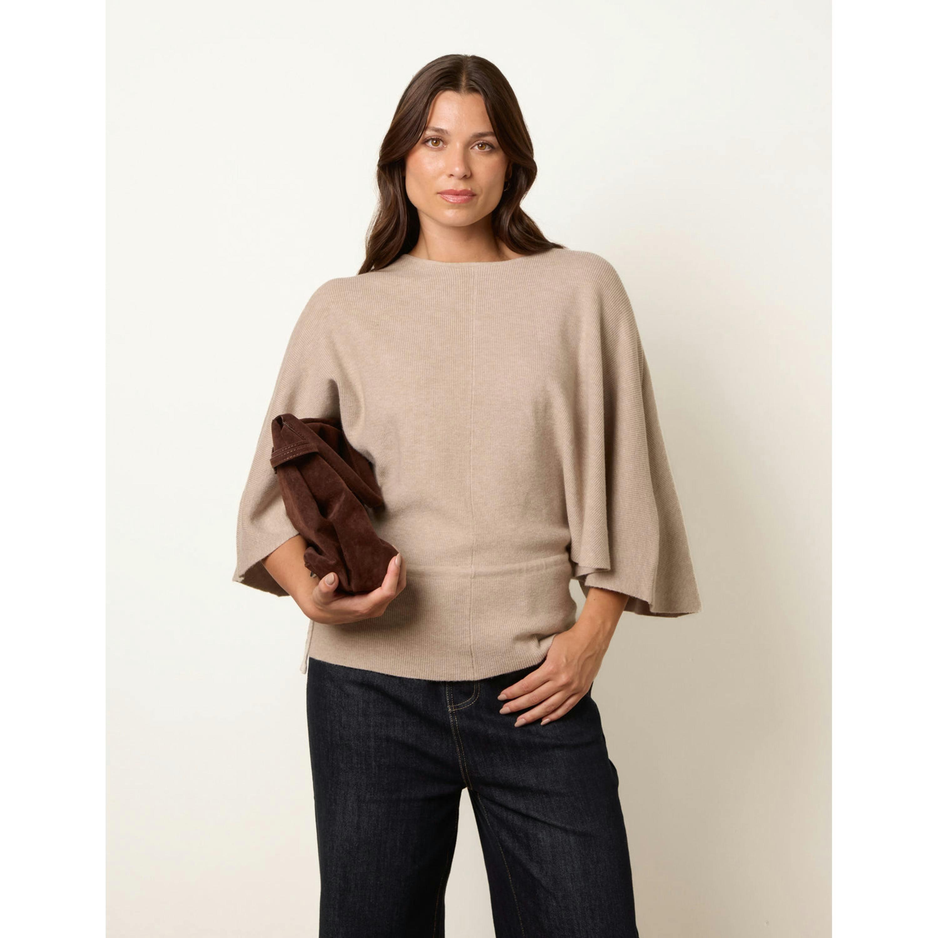 Blue Vanilla Tie Waist Batwing Knit Jumper  in Beige , view 1 of 4