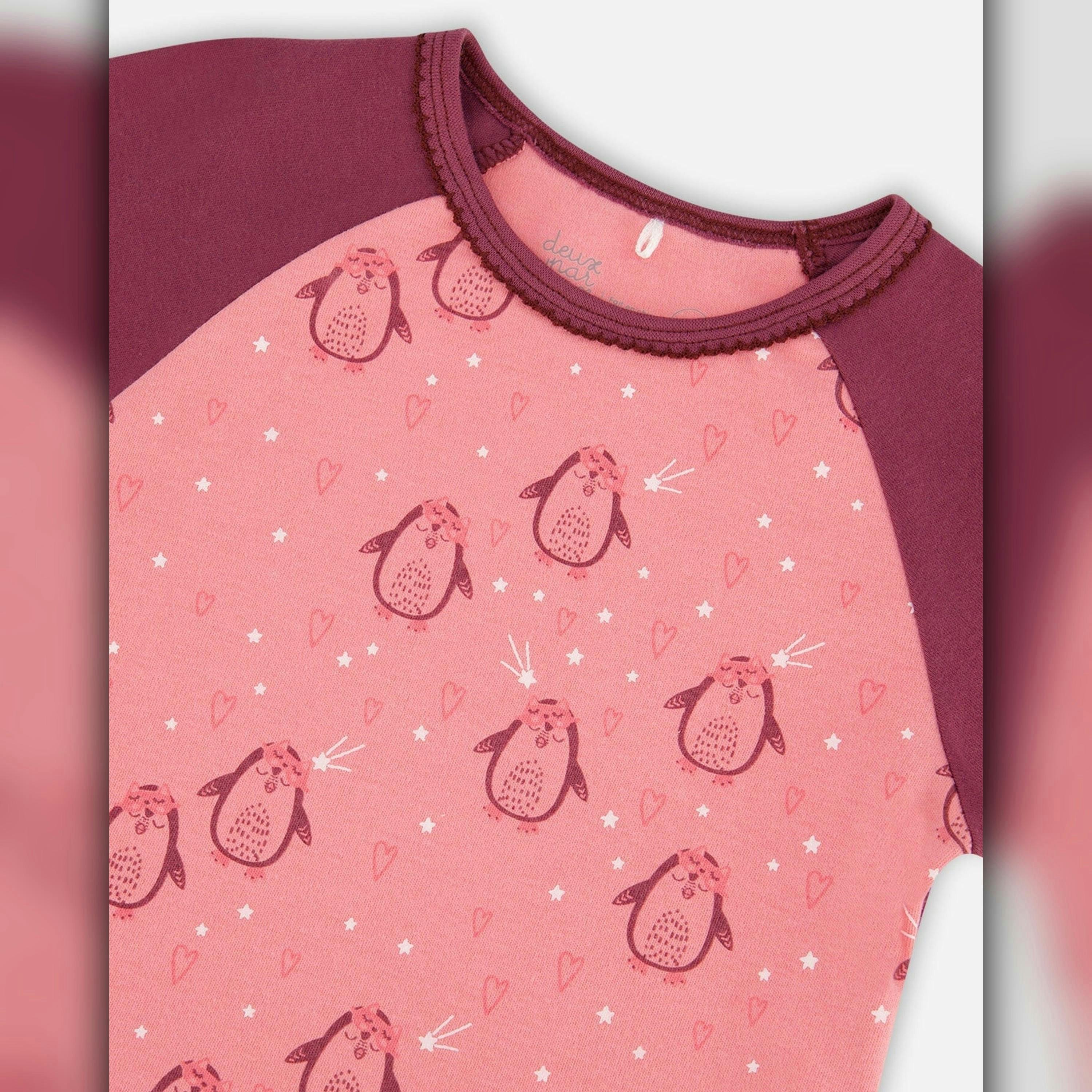 Organic Cotton Long Sleeve Two Piece Printed Penguins Pajama Set Pink , view 4 of 5