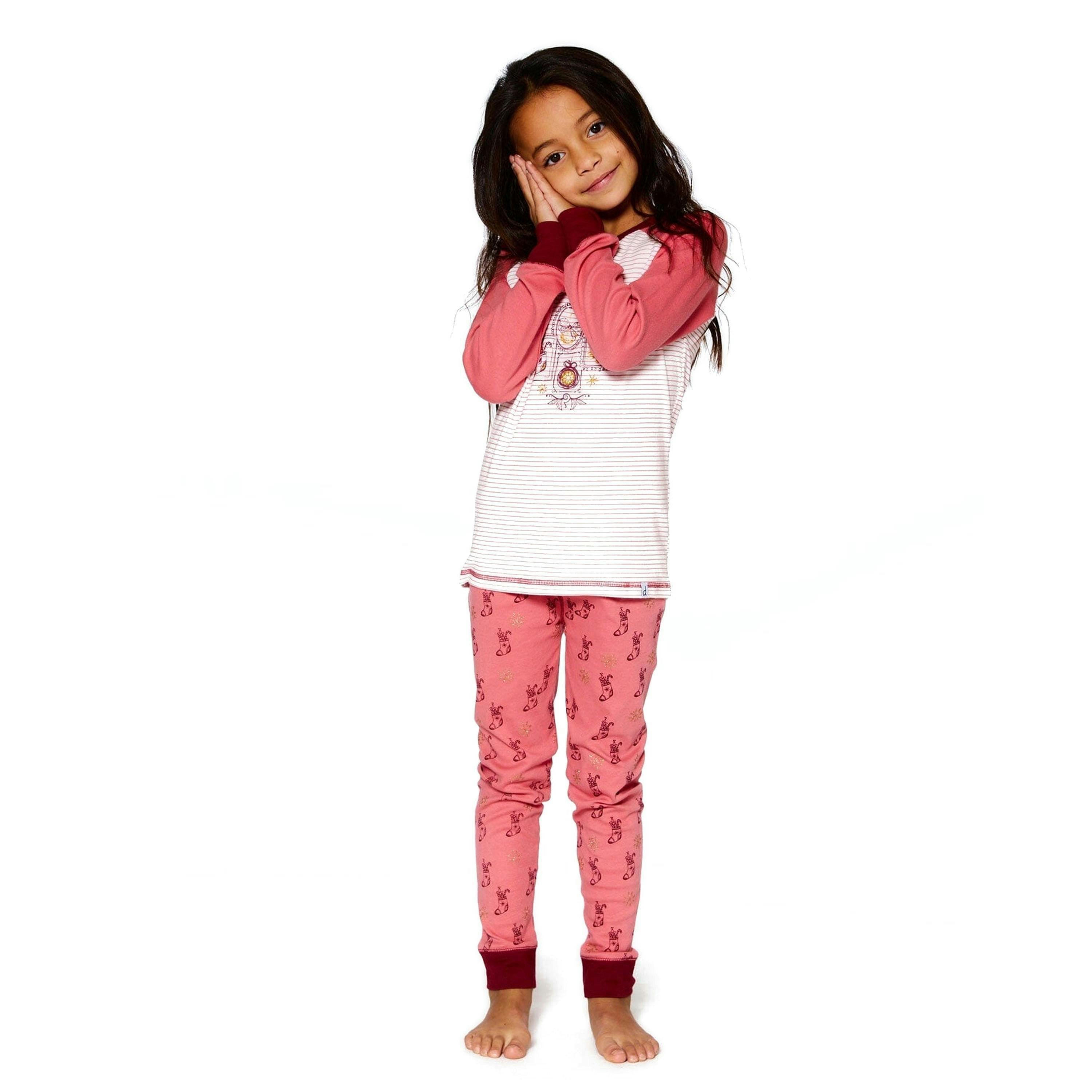 Organic Cotton Long Sleeve Two Piece Printed Christmas Stocking Pajama Set Pink , view 2 of 5