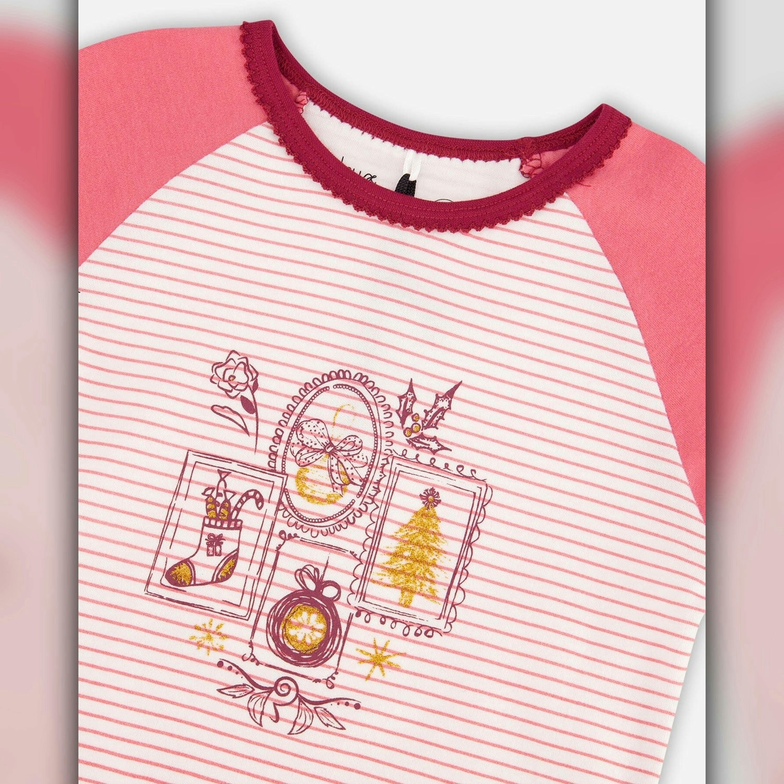 Organic Cotton Long Sleeve Two Piece Printed Christmas Stocking Pajama Set Pink , view 4 of 5