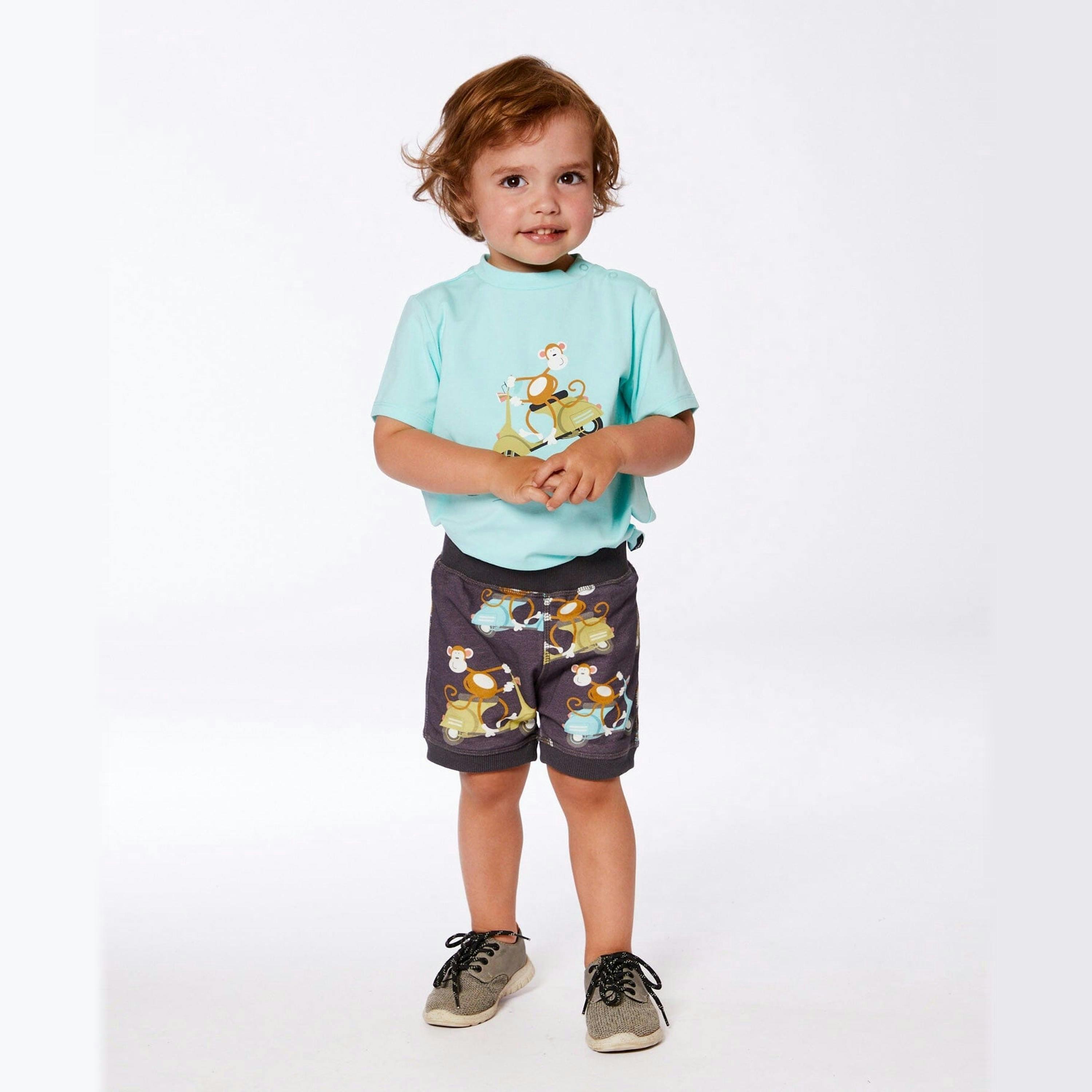 Two-Piece Top And Short Set Monkey On Navy And Turquoise Moped , view 3 of 6