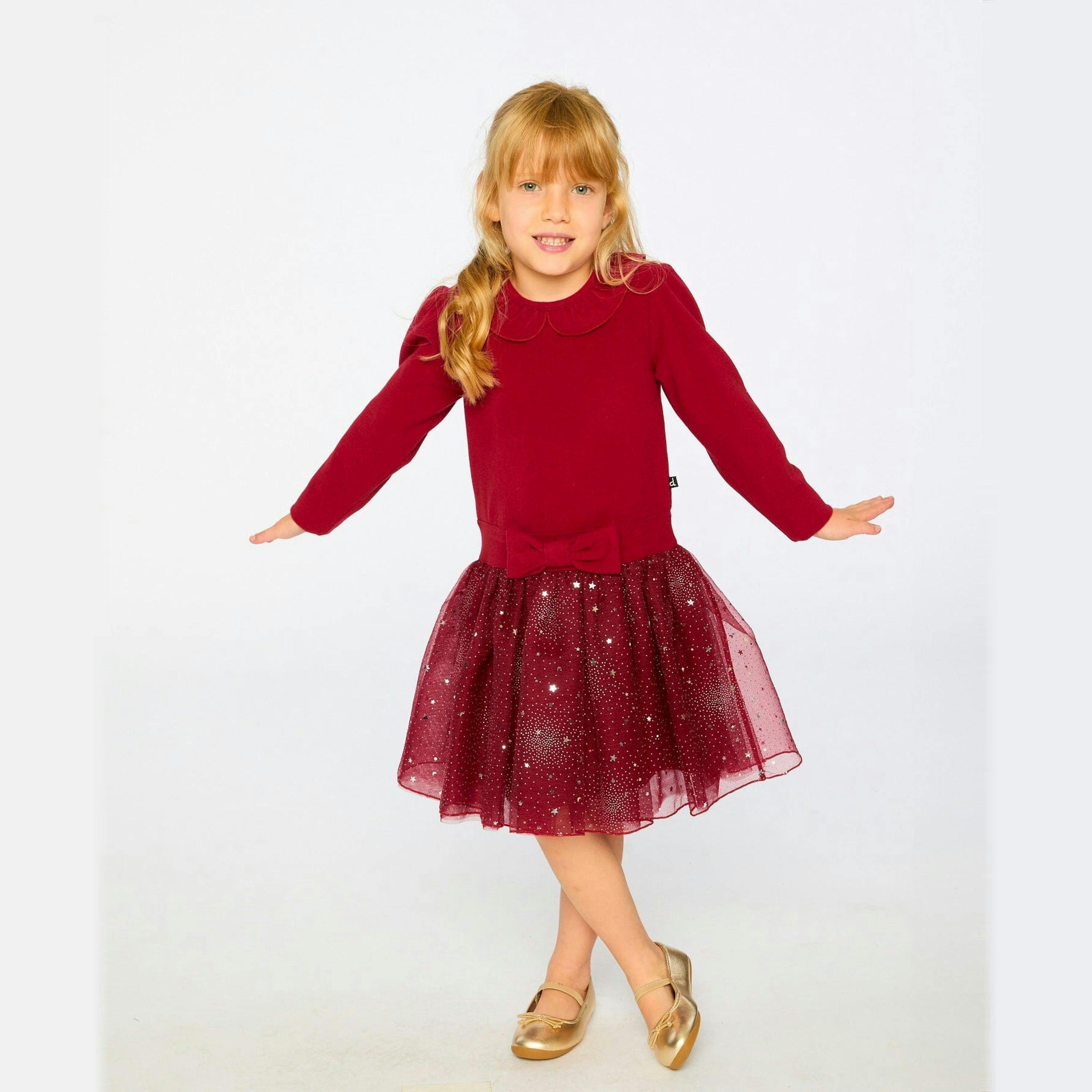 Bi-Material Dress With Glittering Skirt Red , view 2 of 5