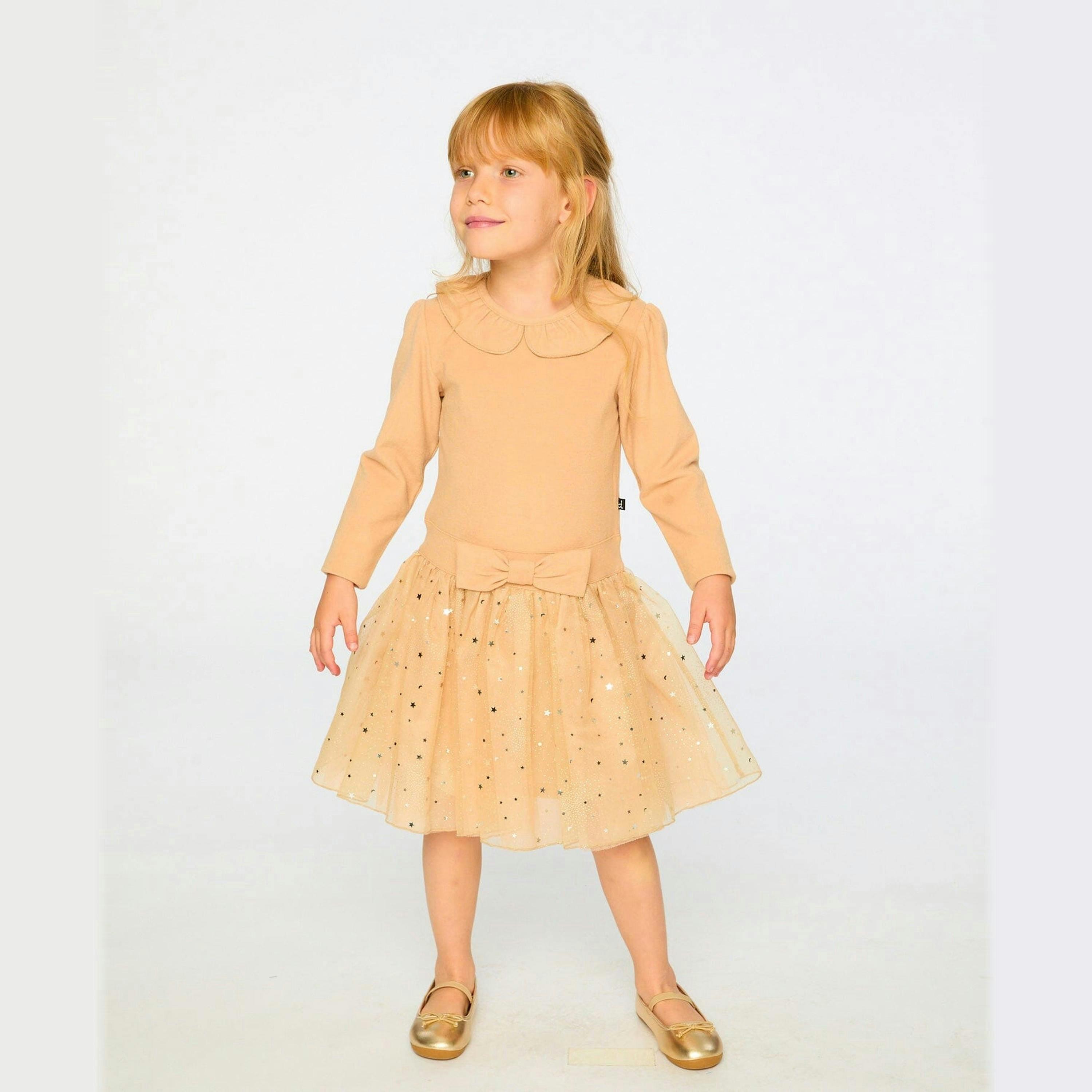 Bi-Material Dress With Glittering Skirt Beige , view 2 of 5