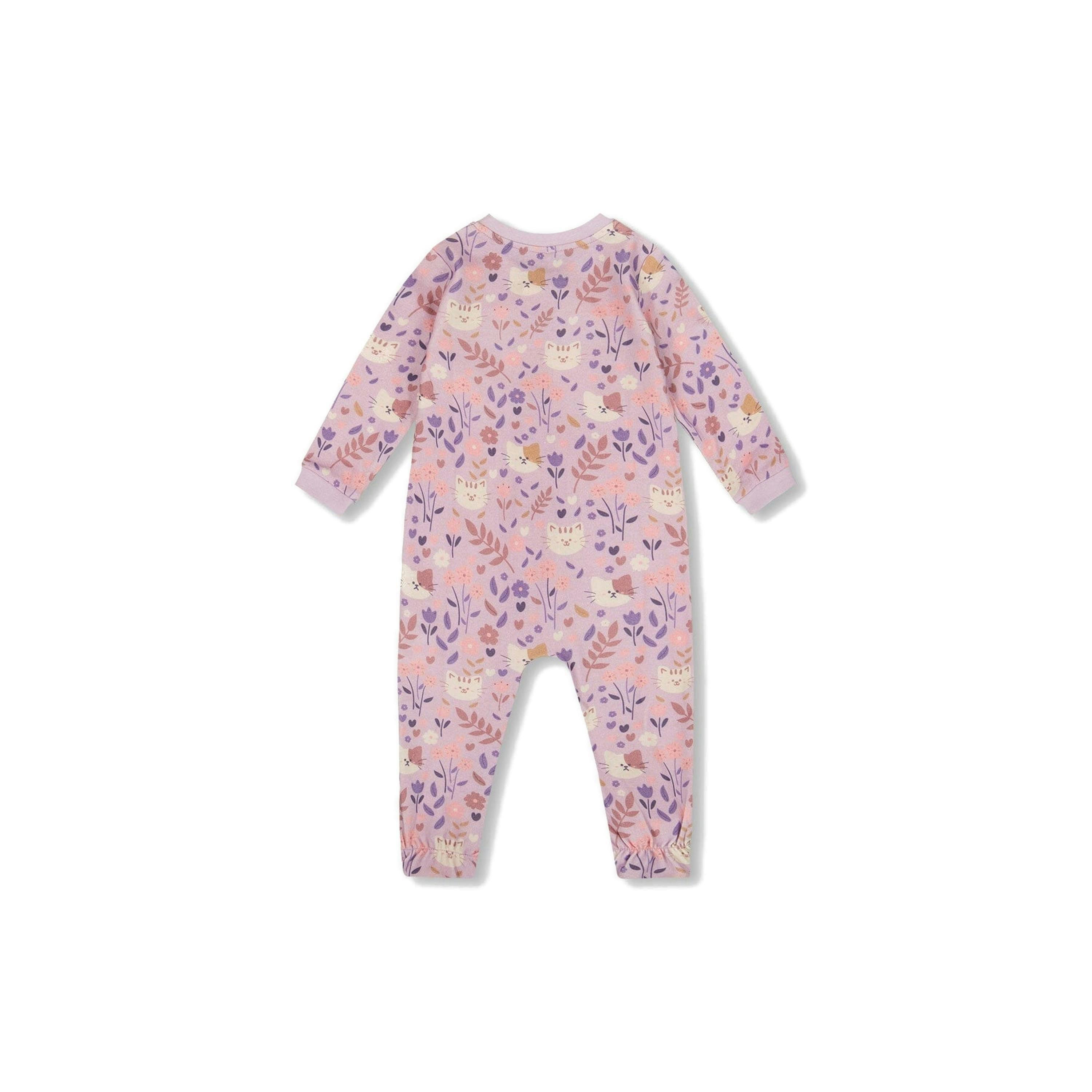 One-Piece Organic Cotton Pajama Lilac Cat Print , view 2 of 4