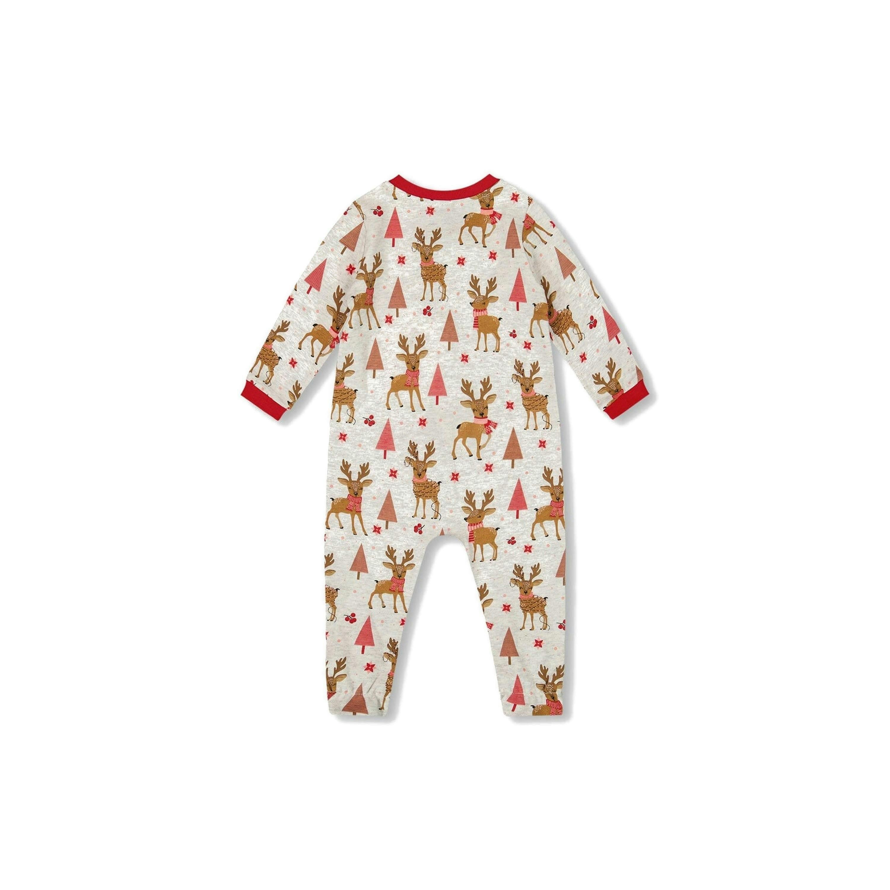One-Piece Organic Cotton Pajama Beige Girly Reindeer Print , view 2 of 4