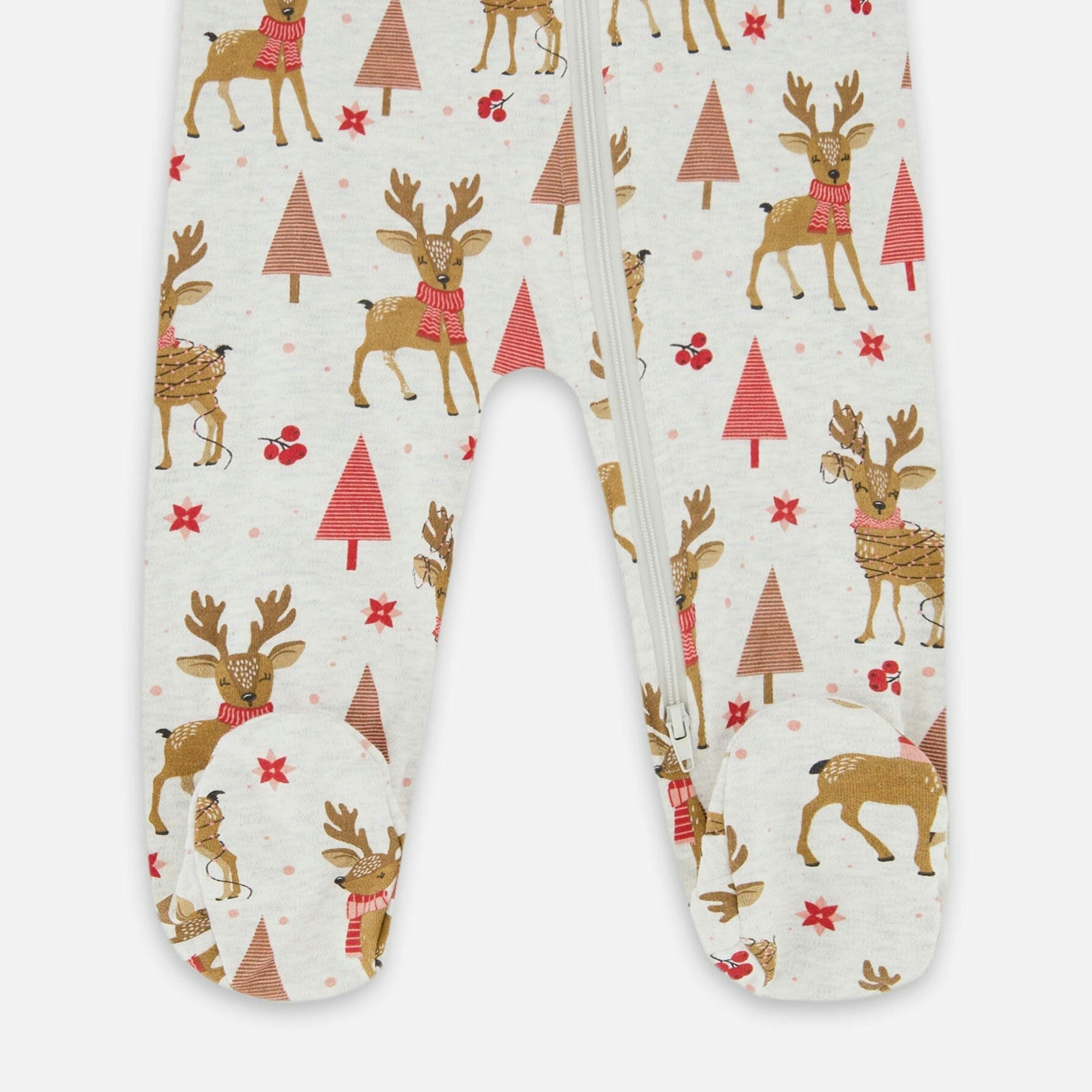 One-Piece Organic Cotton Pajama Beige Girly Reindeer Print , view 3 of 4