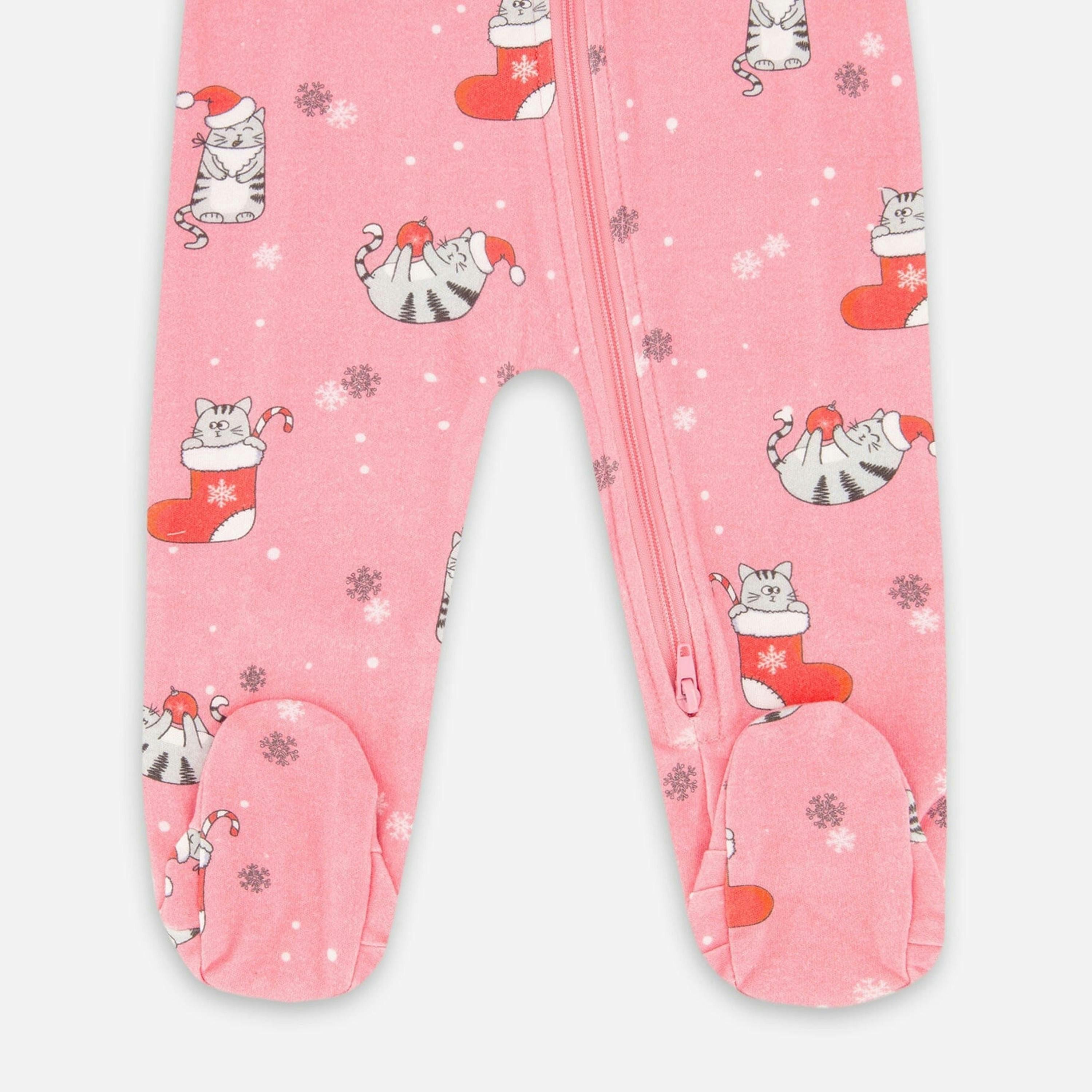 One-Piece Organic Cotton Pajama Pink Cat Print , view 3 of 4