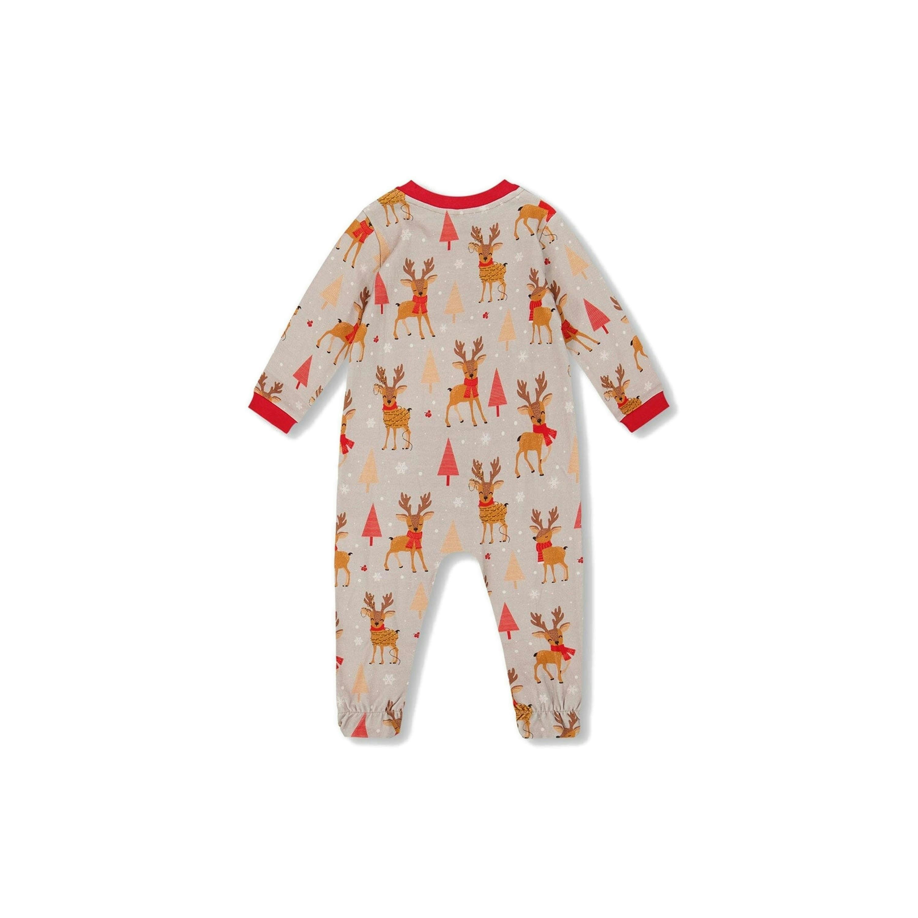 One-Piece Organic Cotton Pajama Beige Reindeer Print , view 2 of 4