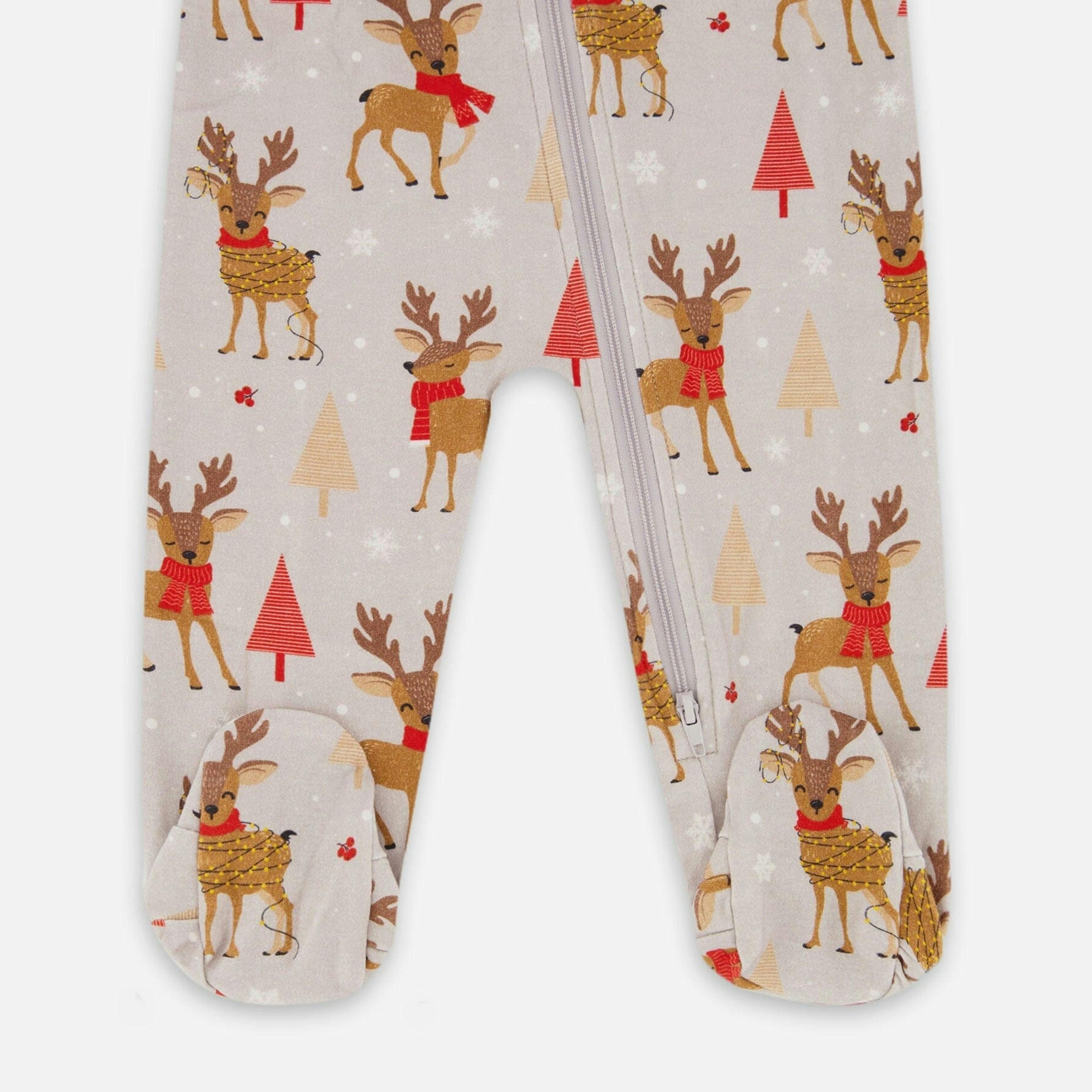 One-Piece Organic Cotton Pajama Beige Reindeer Print , view 3 of 4