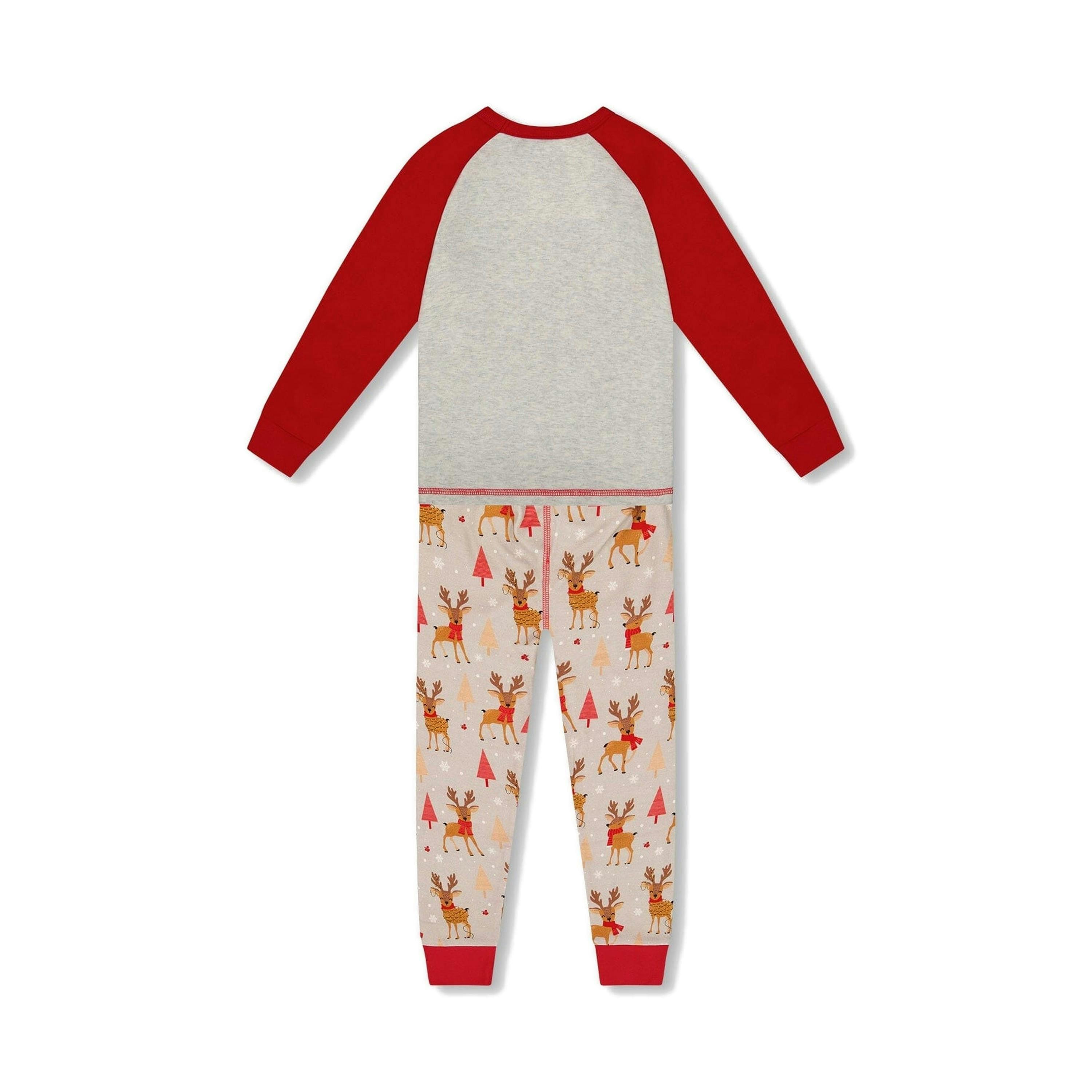 Two-Piece Organic Cotton Pajama Set Beige Reindeer Print , view 3 of 6