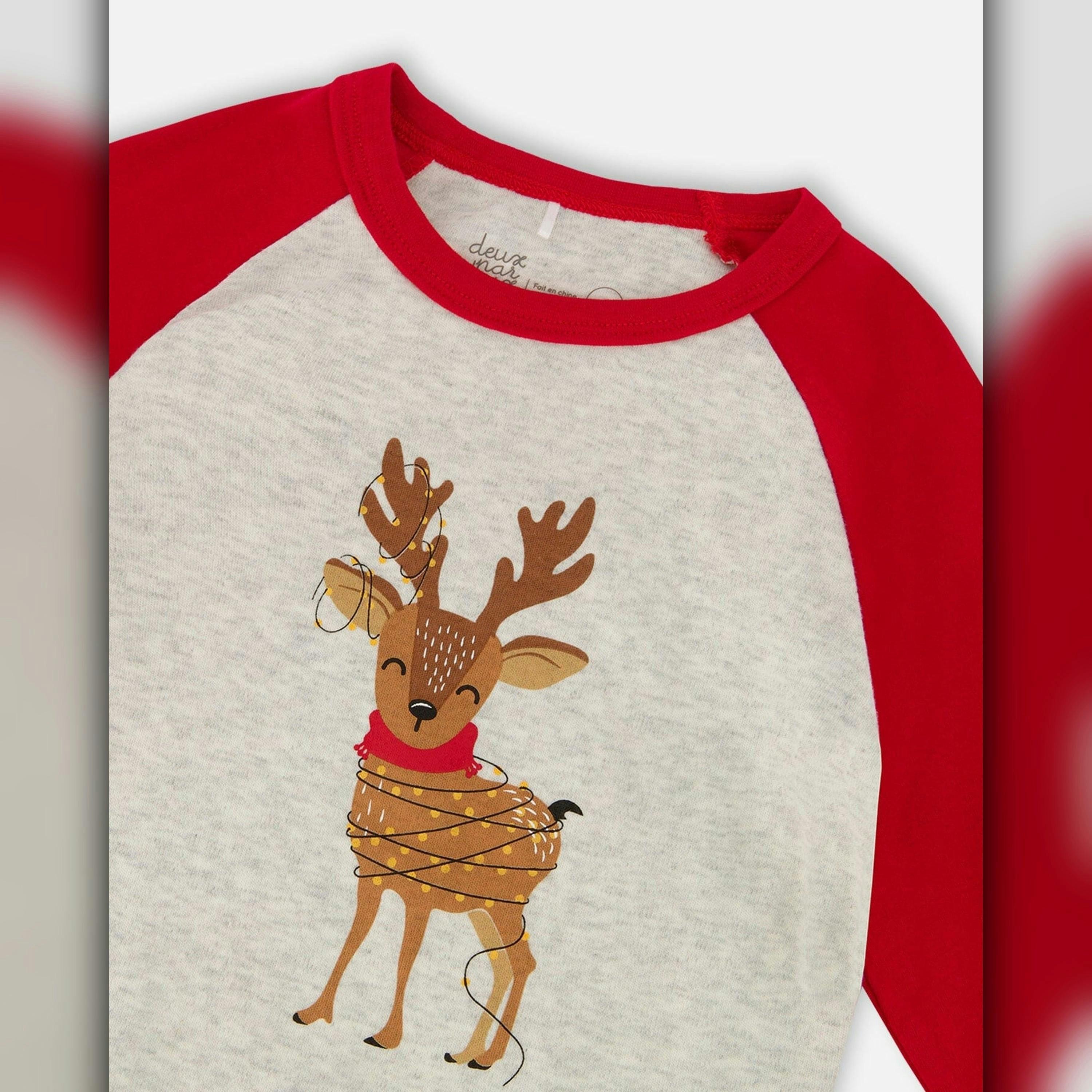 Two-Piece Organic Cotton Pajama Set Beige Reindeer Print , view 4 of 6