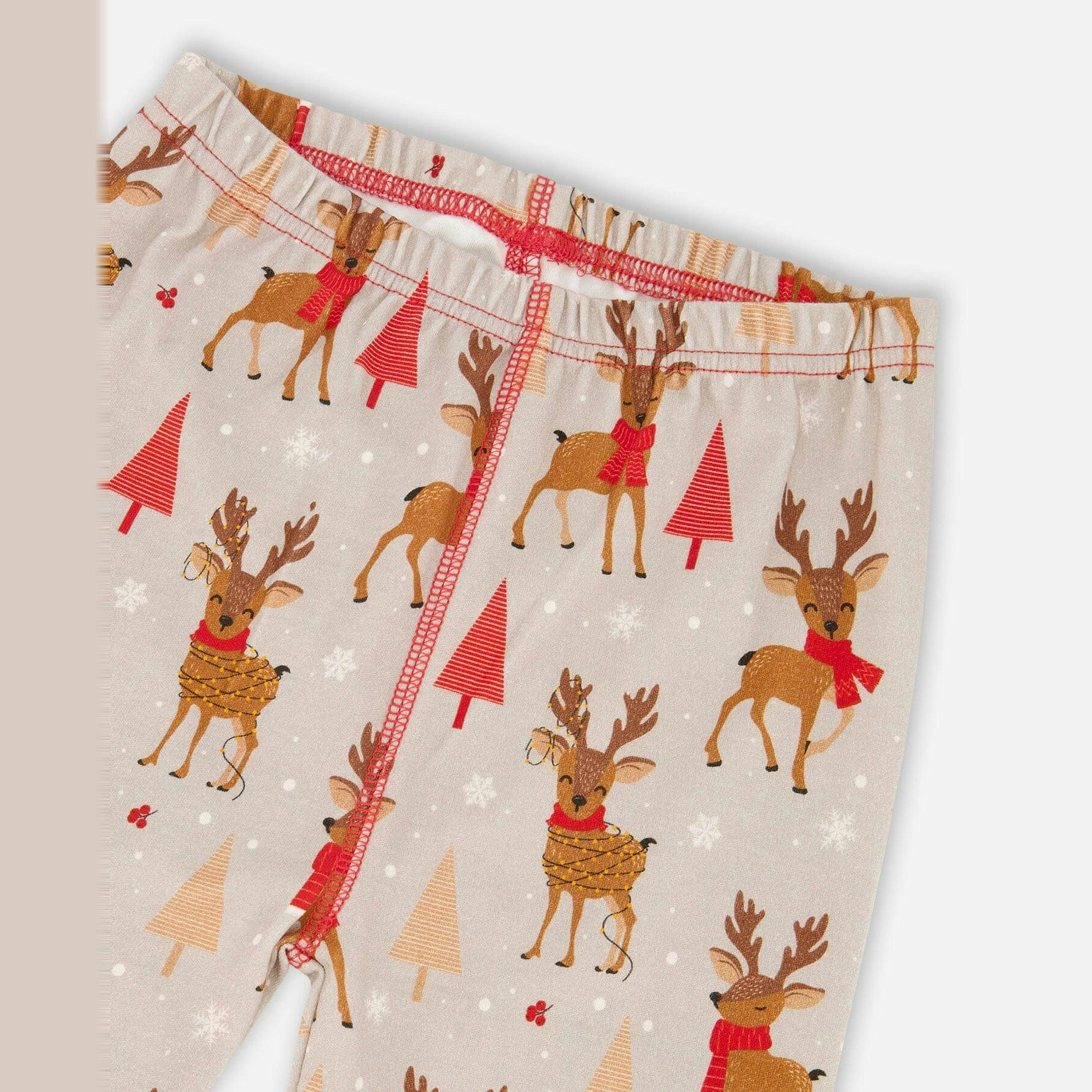 Two-Piece Organic Cotton Pajama Set Beige Reindeer Print , view 5 of 6