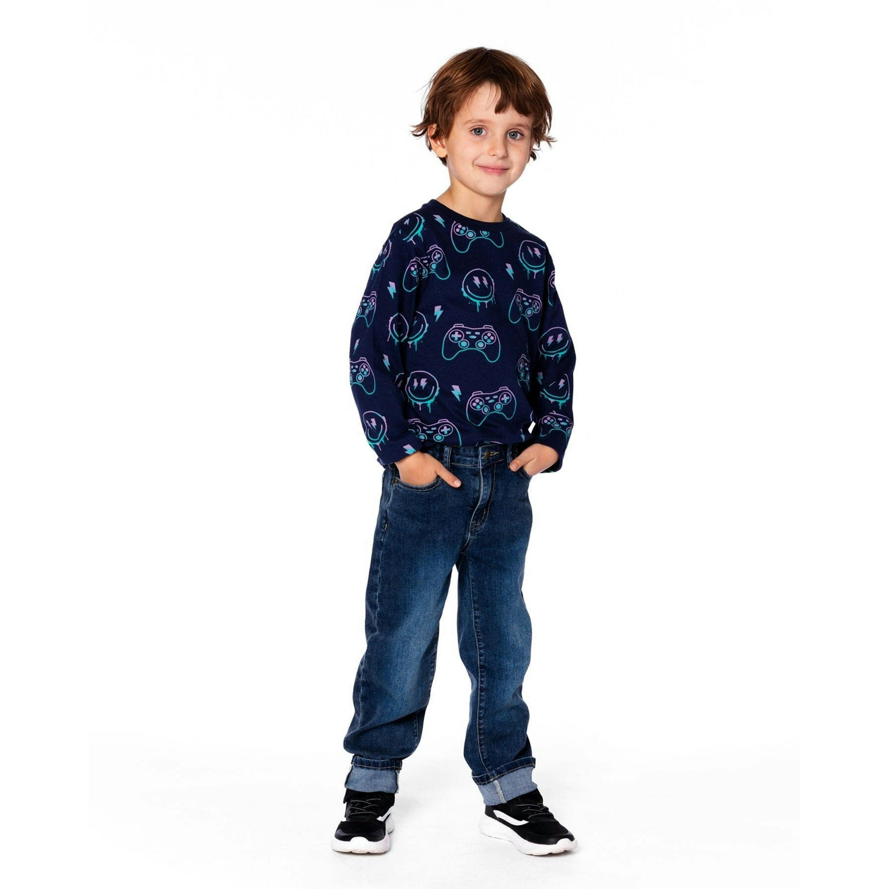 Long Sleeve Organic Cotton Allover Print Tee Navy Blue , view 2 of 5