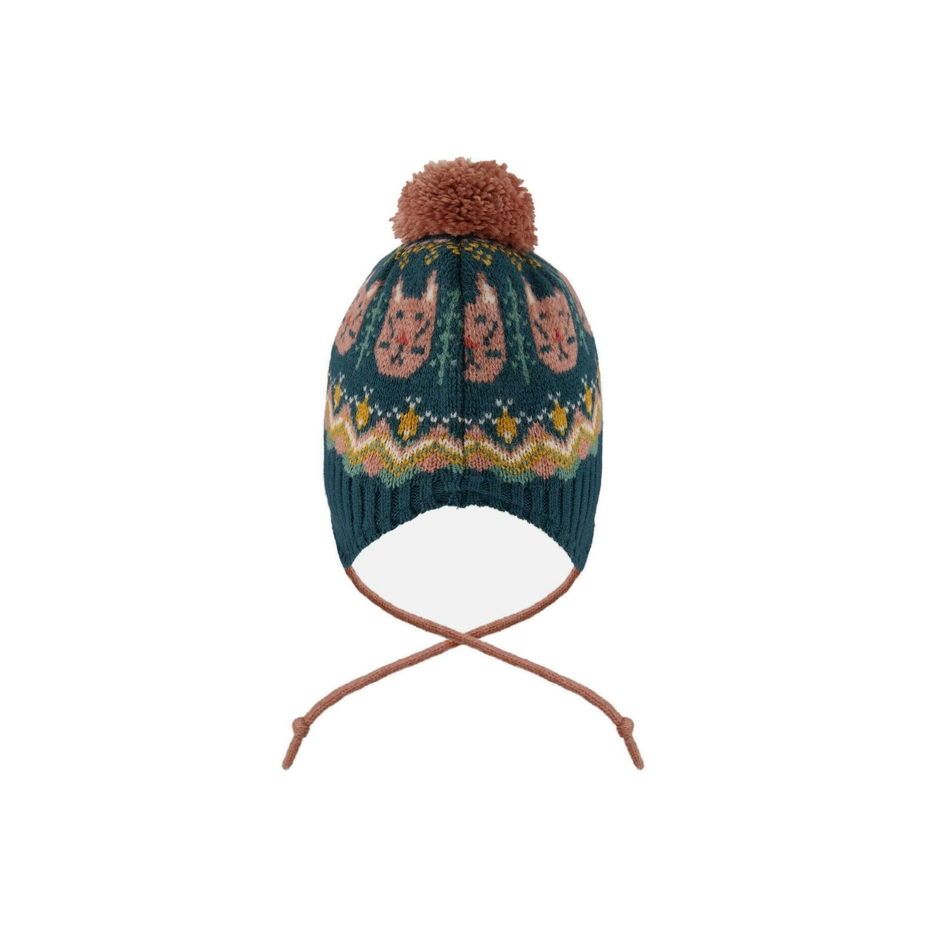 Lined Peruvian Knit Pompom Hat Green And Pink , view 3 of 5
