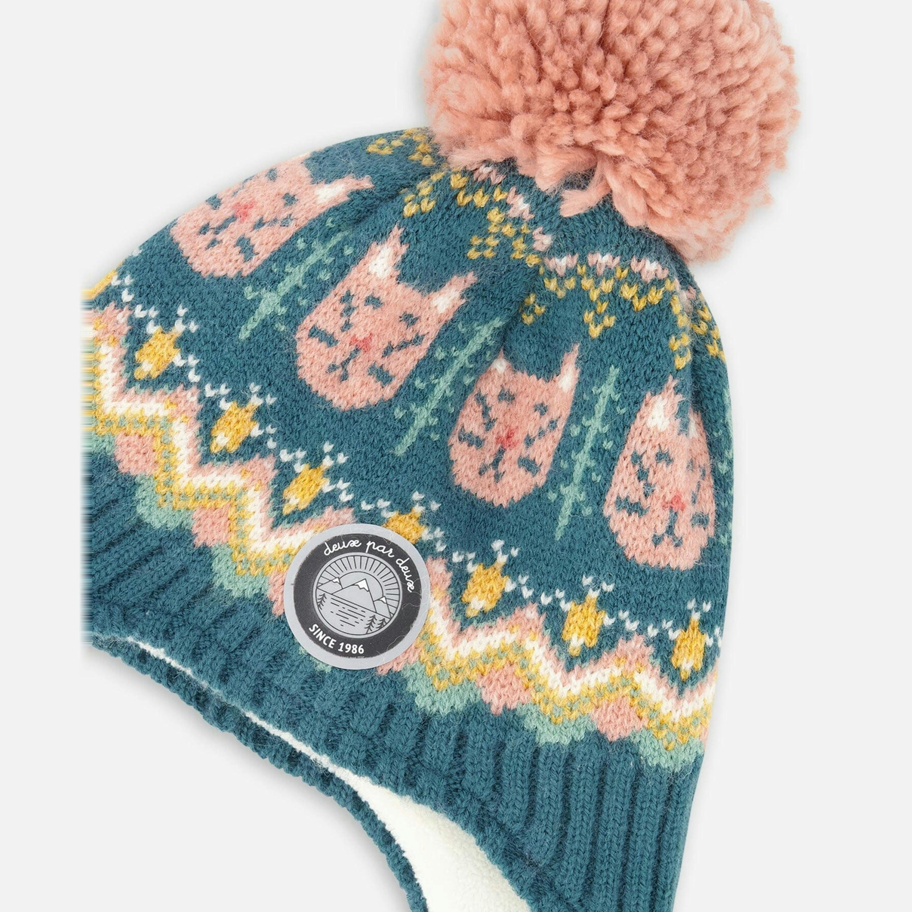 Lined Peruvian Knit Pompom Hat Green And Pink , view 4 of 5