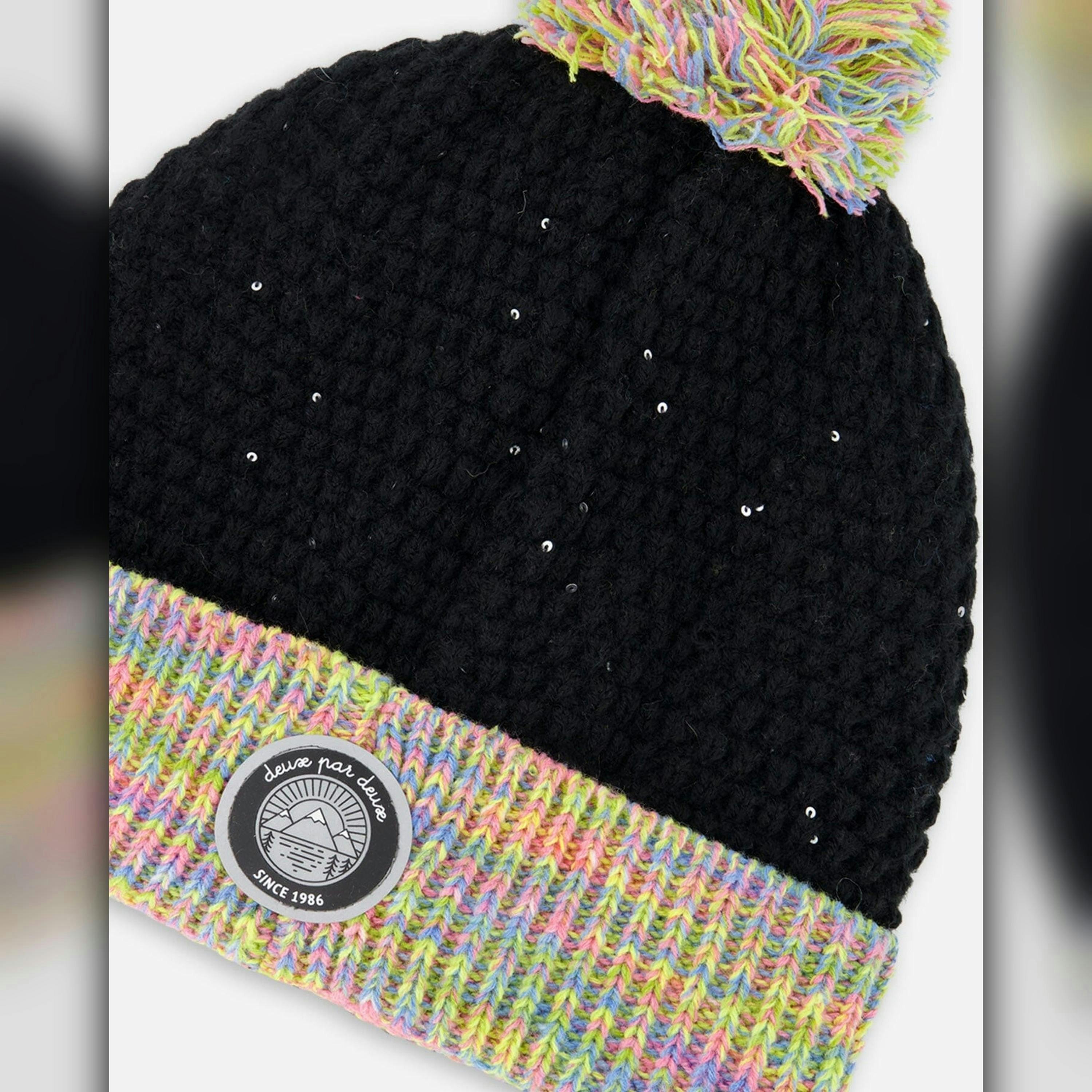 Lined Knit Hat With Pompom Black And Multicolor , view 5 of 6