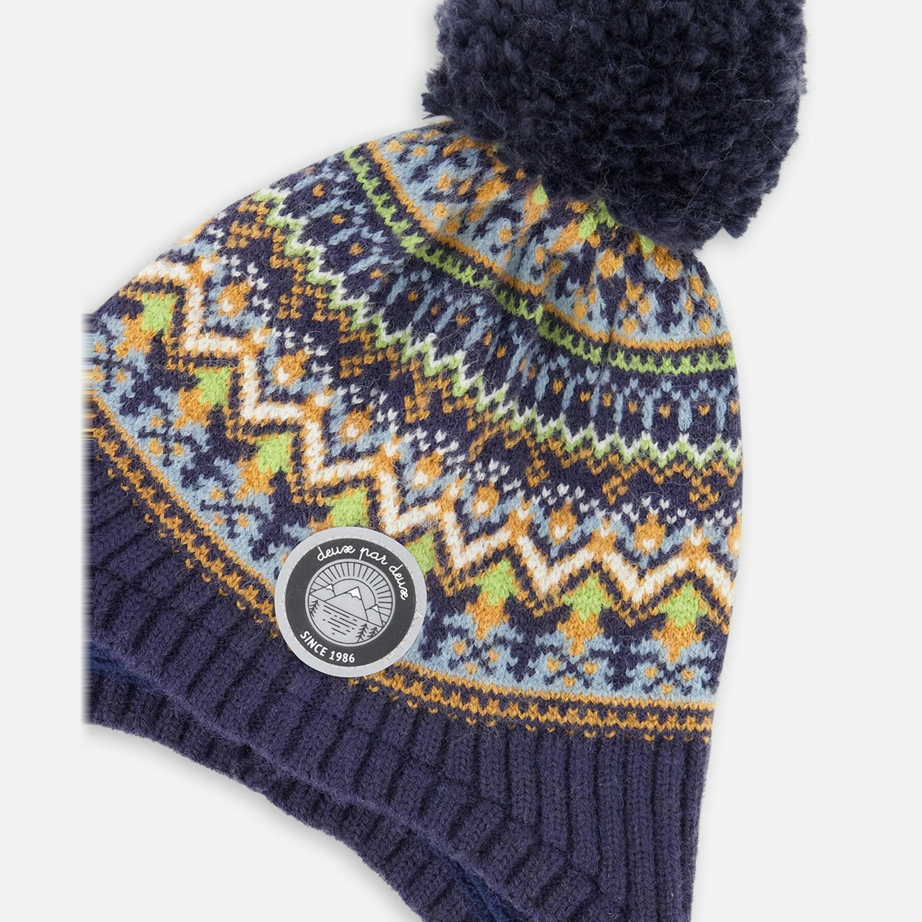 Lined Peruvian Knit Hat With Pompom Taupe And Navy , view 5 of 6