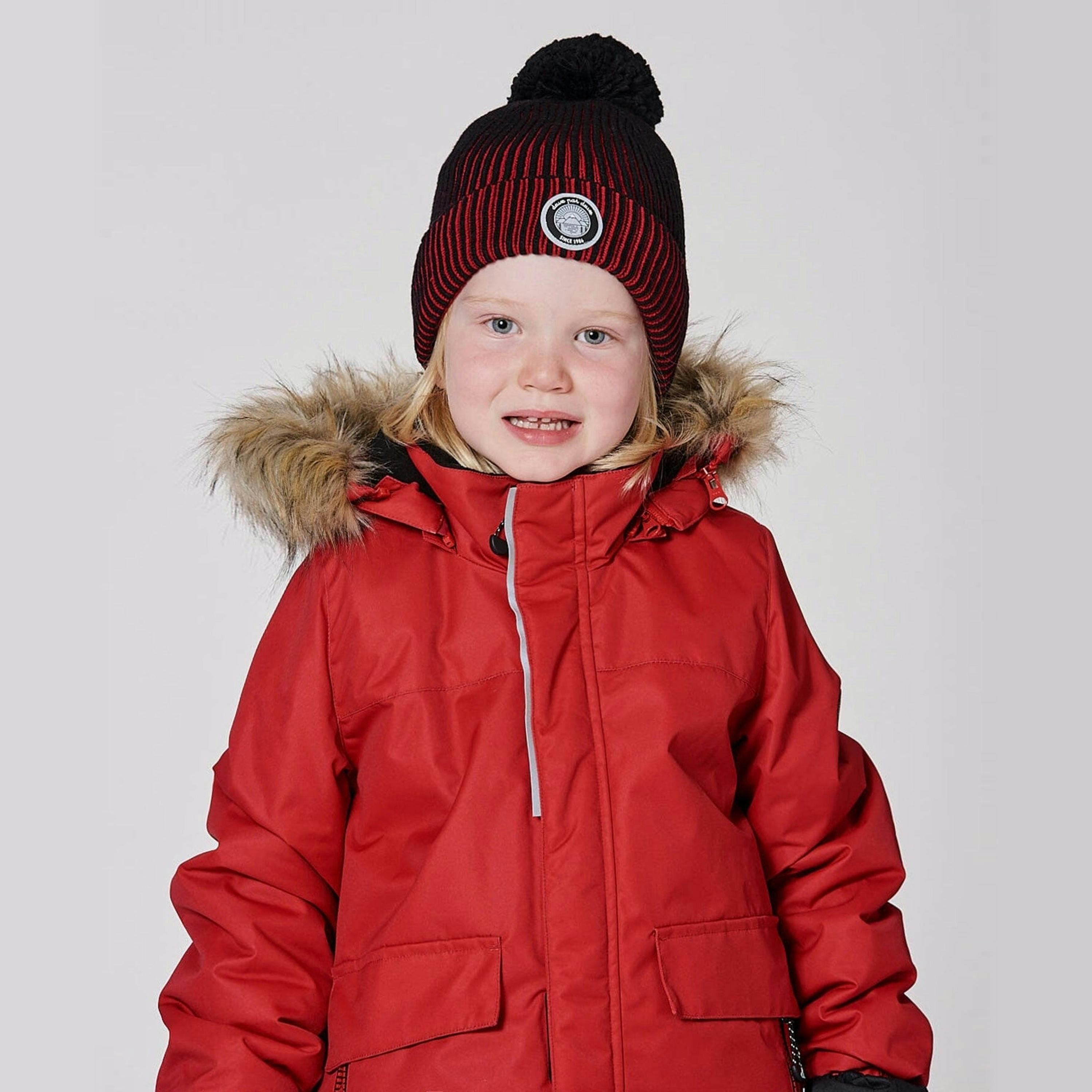 Lined Knit Pompom Hat Red And Black , view 2 of 5