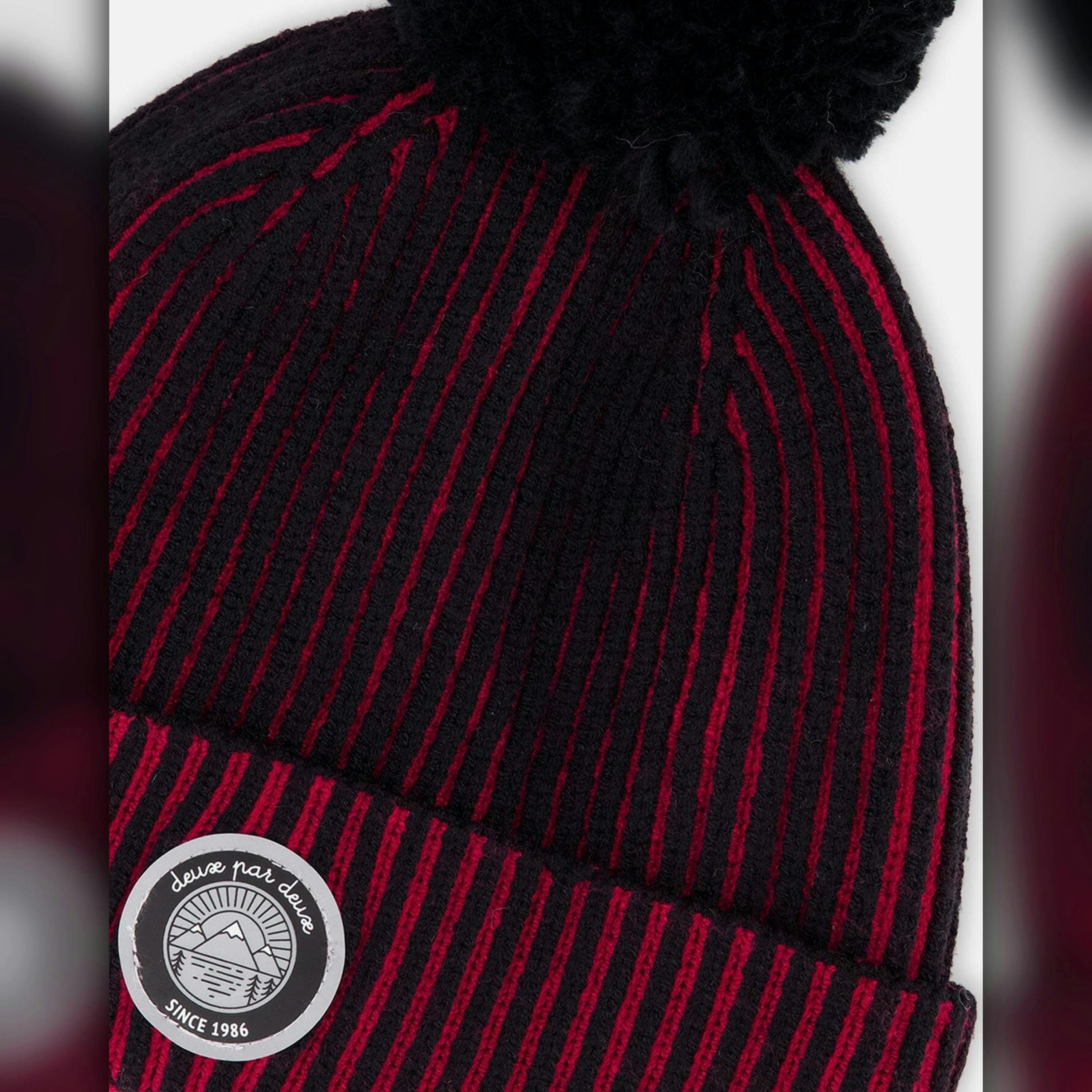 Lined Knit Pompom Hat Red And Black , view 4 of 5