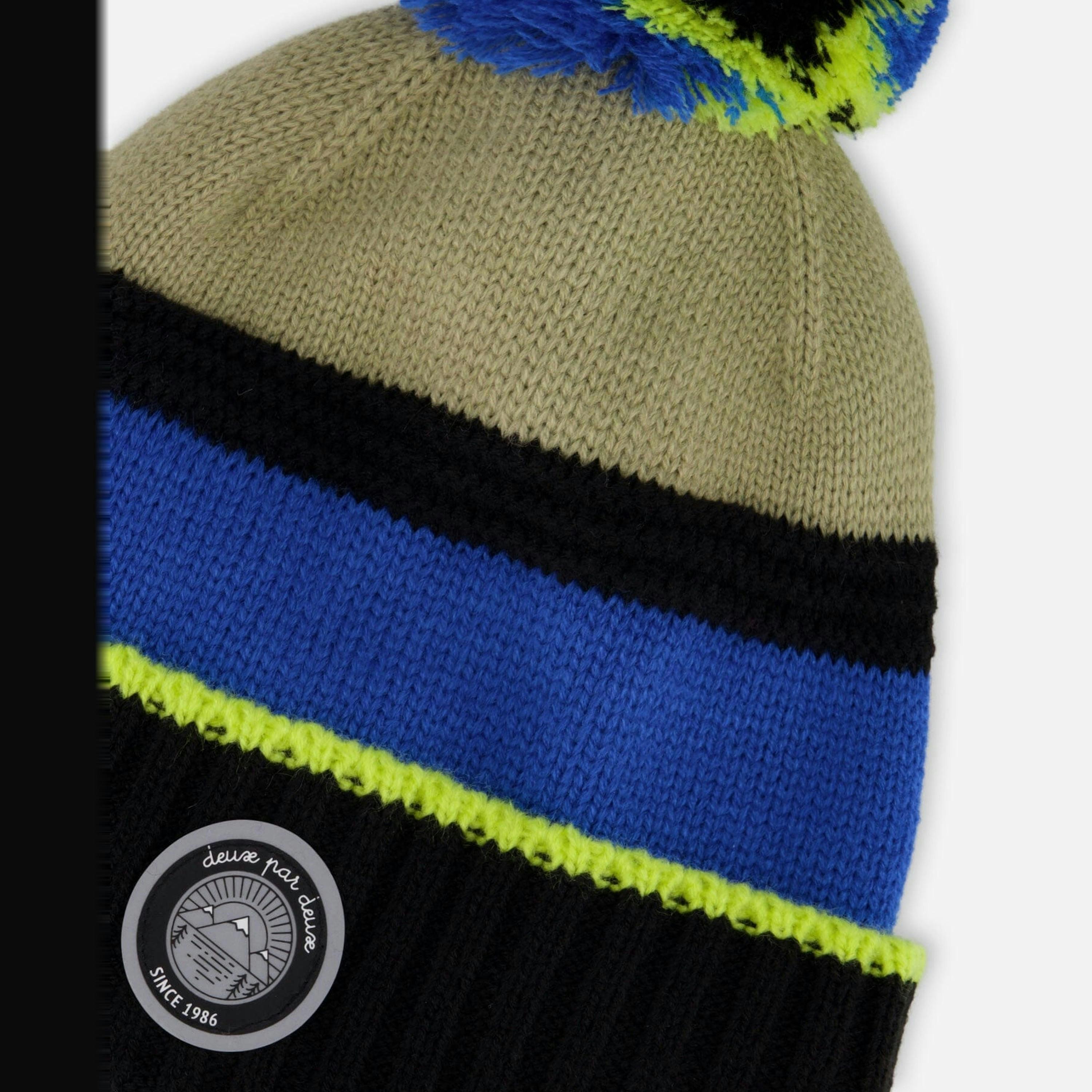 Lined Knit Pompom Hat Black, Taupe And Lime Green , view 5 of 6