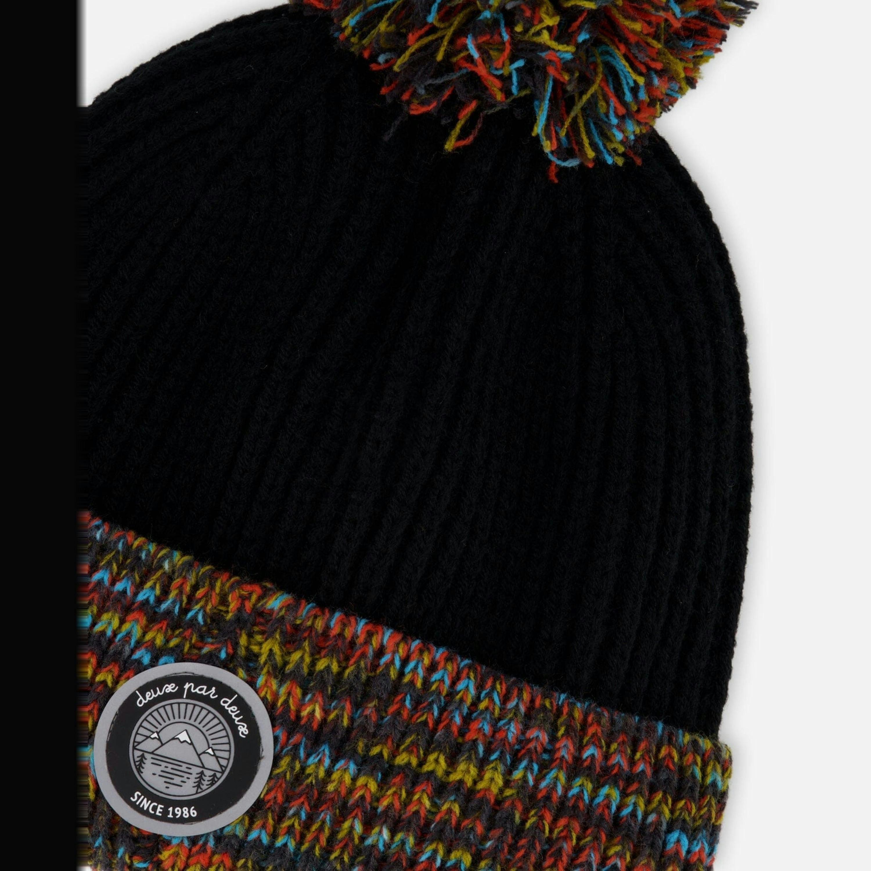 Lined Knit Winter Hat With Pompom Black And Multicolor , view 5 of 6