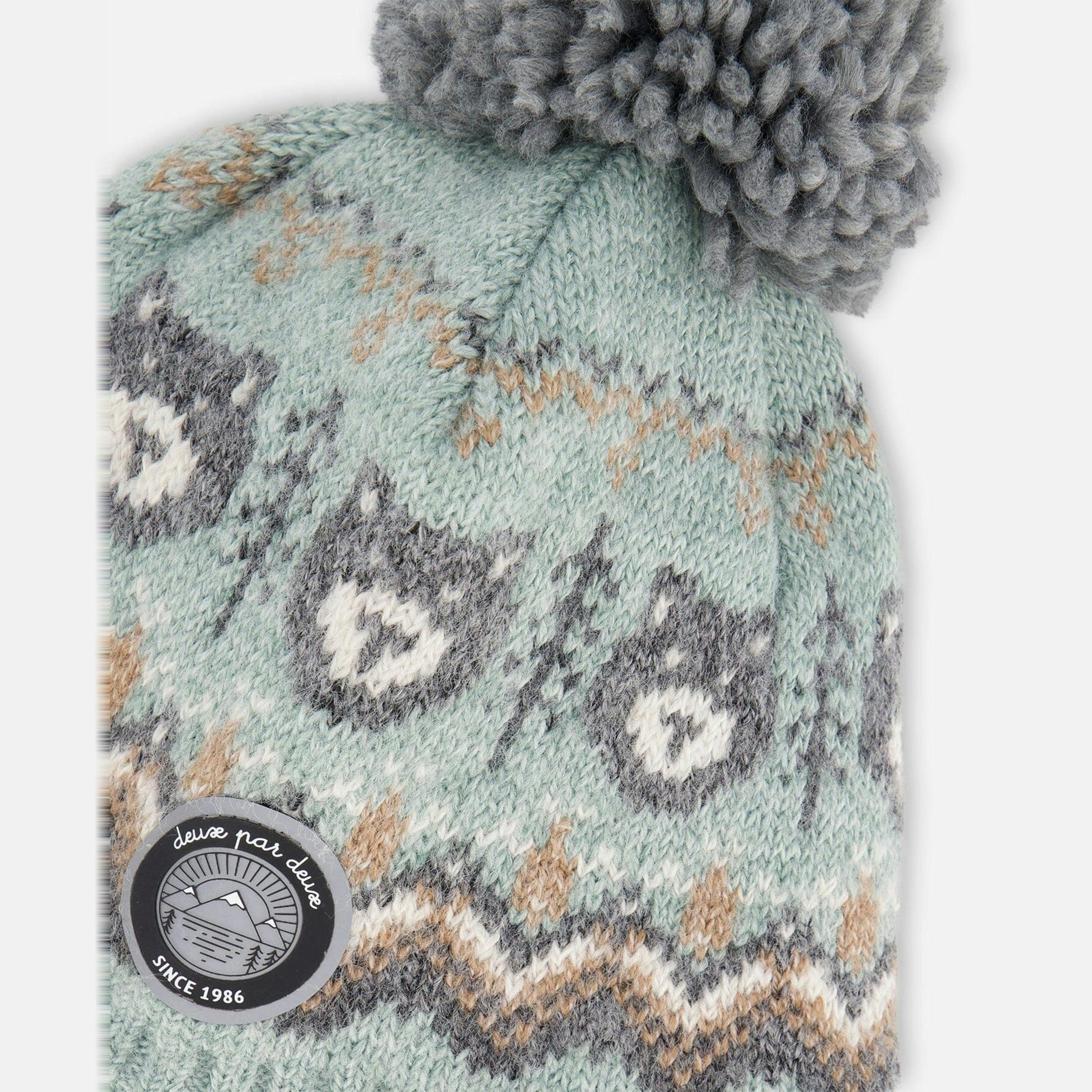 Lined Peruvian Knit Pompom Hat Gray And Sage , view 4 of 5