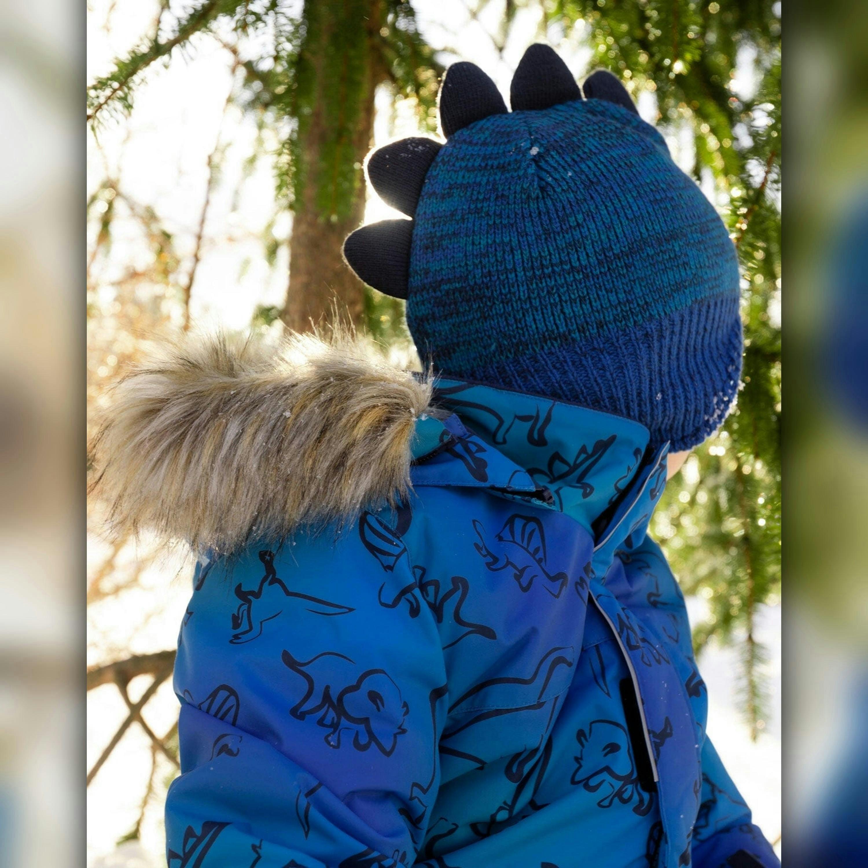 Lined Dino Peruvian Knit Winter Hat With Pompom Blue , view 2 of 6