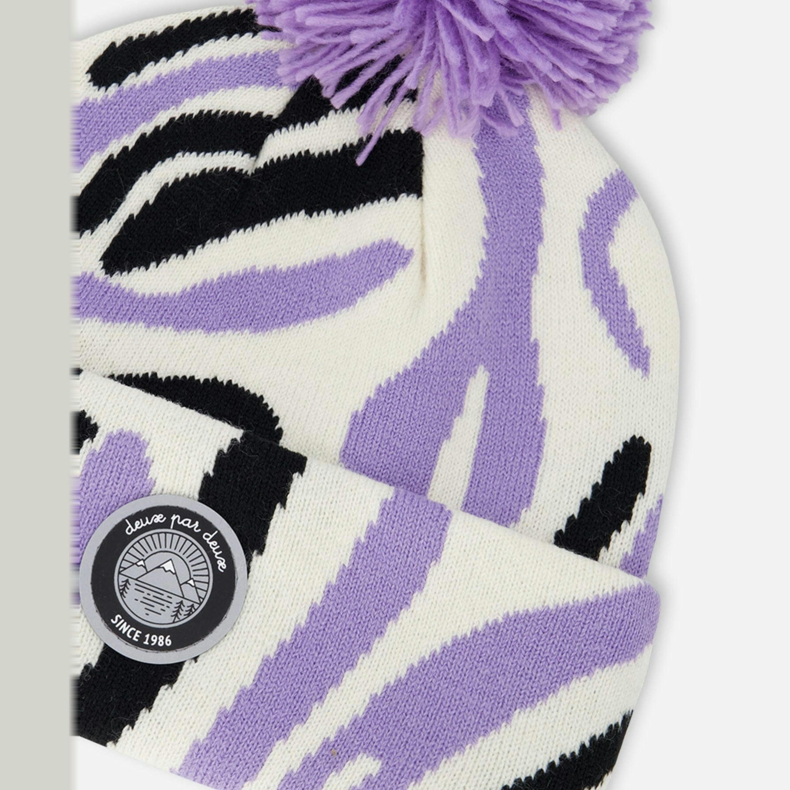 Lined Knit Pompom Hat Black, White And Lilac , view 4 of 5