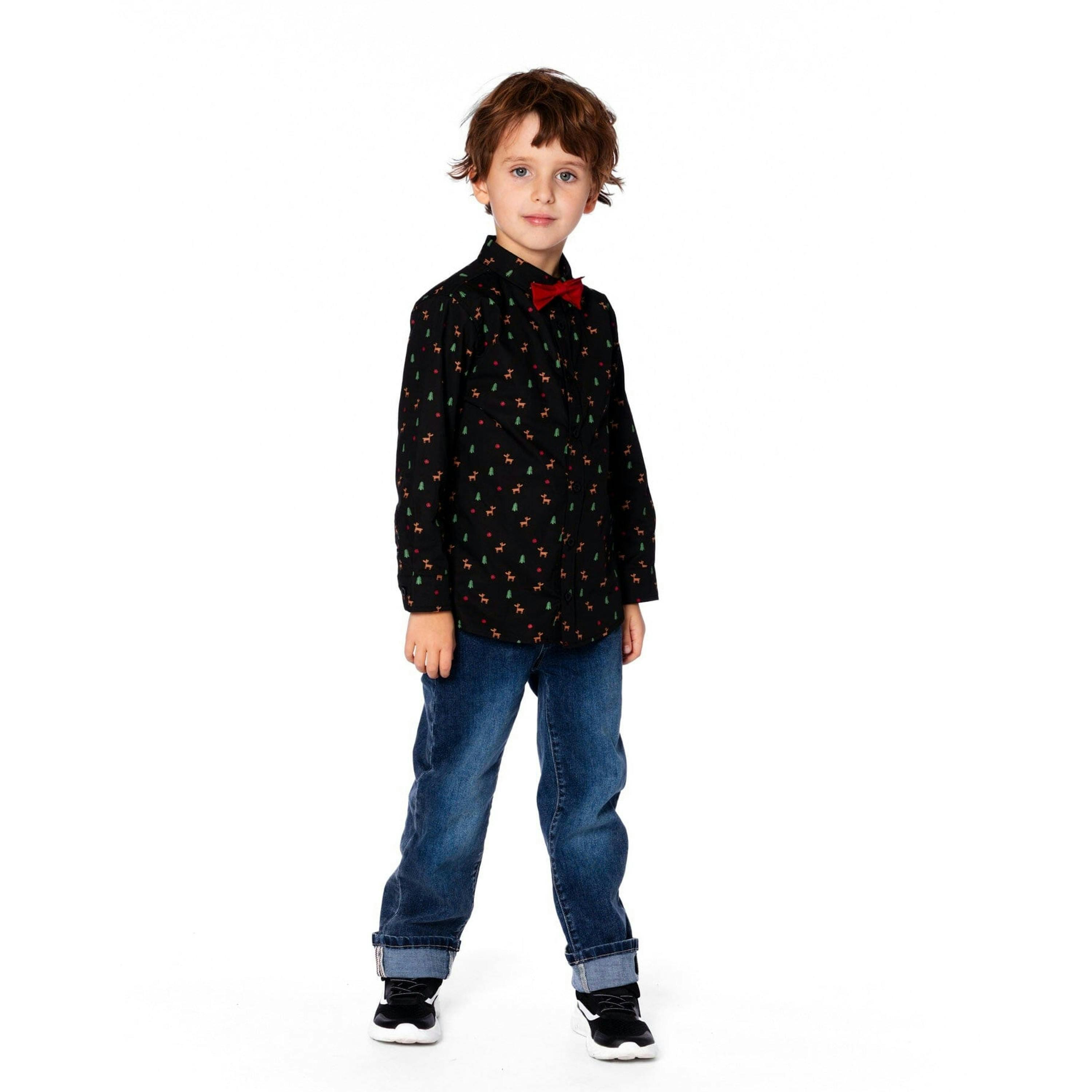 Printed Poplin Shirt Black And Multicolor With Bow Tie , view 2 of 5
