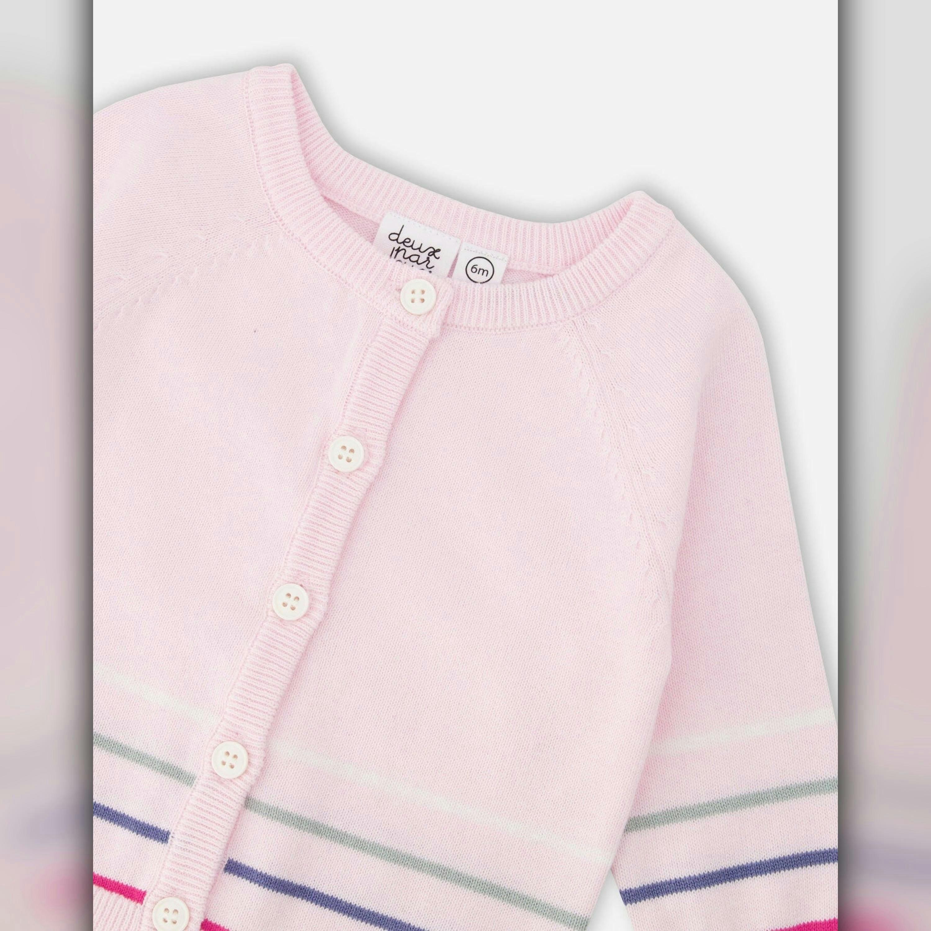 Cotton Knit Striped Button Front Cardigan Light Pink , view 4 of 4