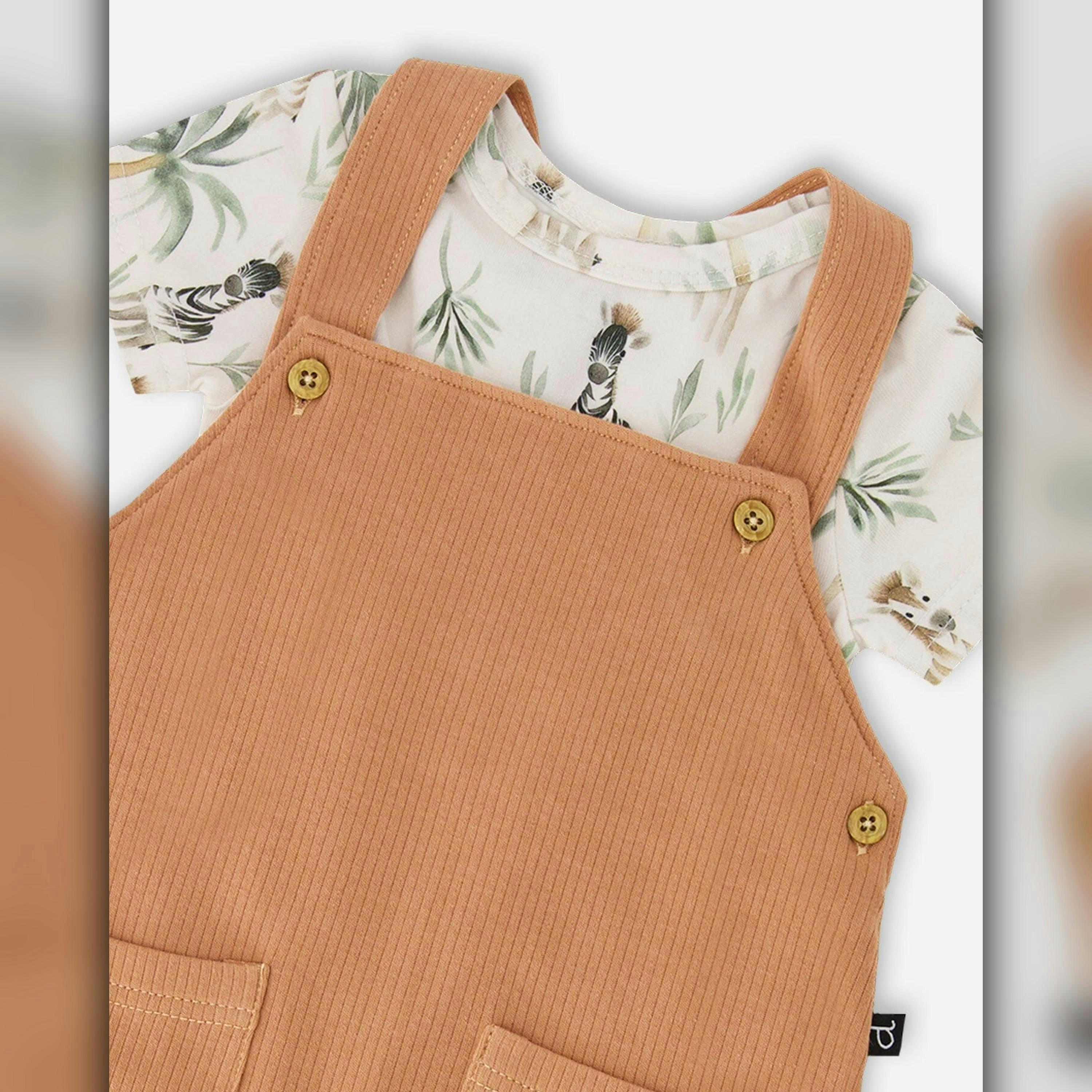 Organic Cotton Jersey Onesie and Cotton Rib Shortall Set Beige Zebra Print and Caramel , view 3 of 3