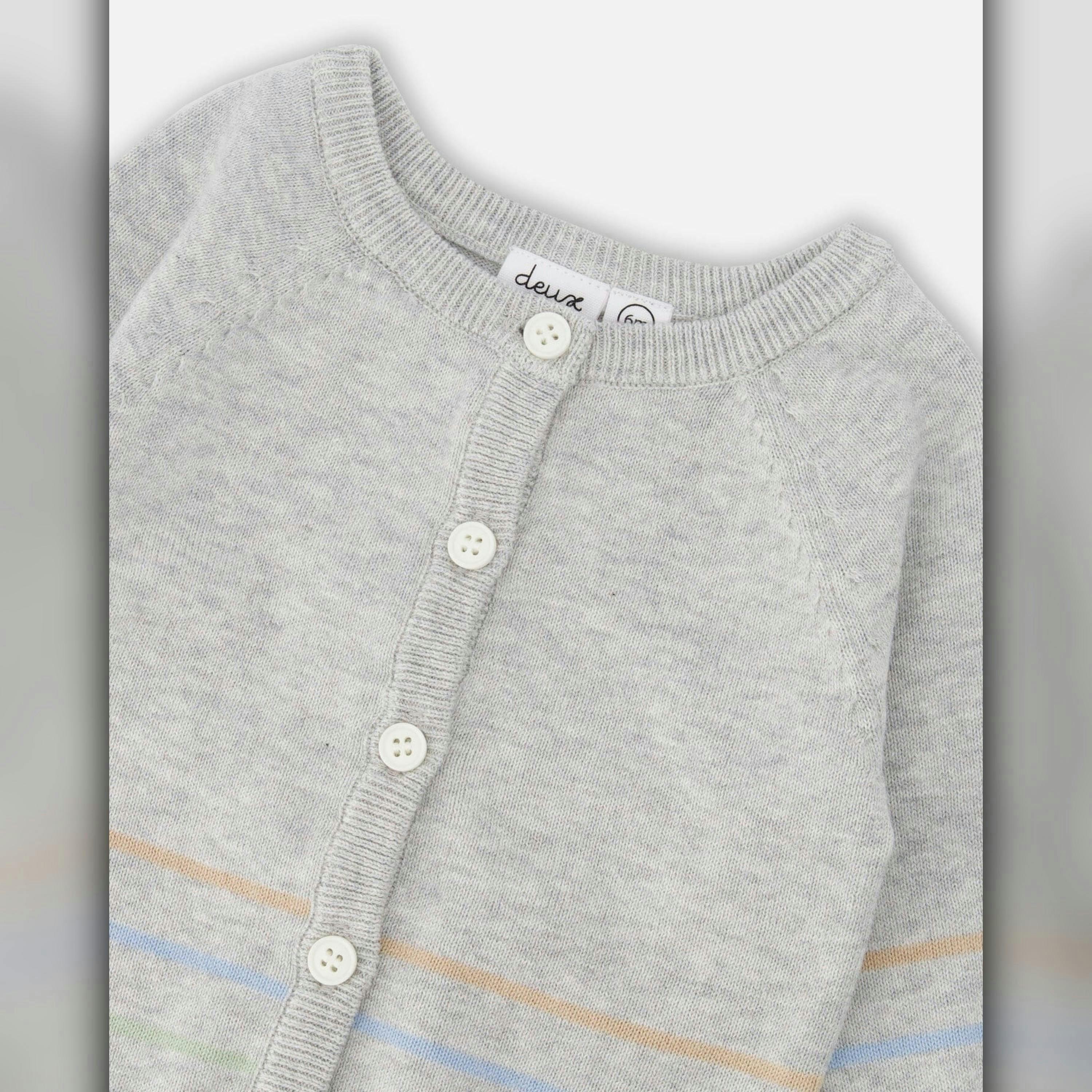 Cotton Knit Striped Button Front Cardigan Light Heather Grey , view 3 of 3