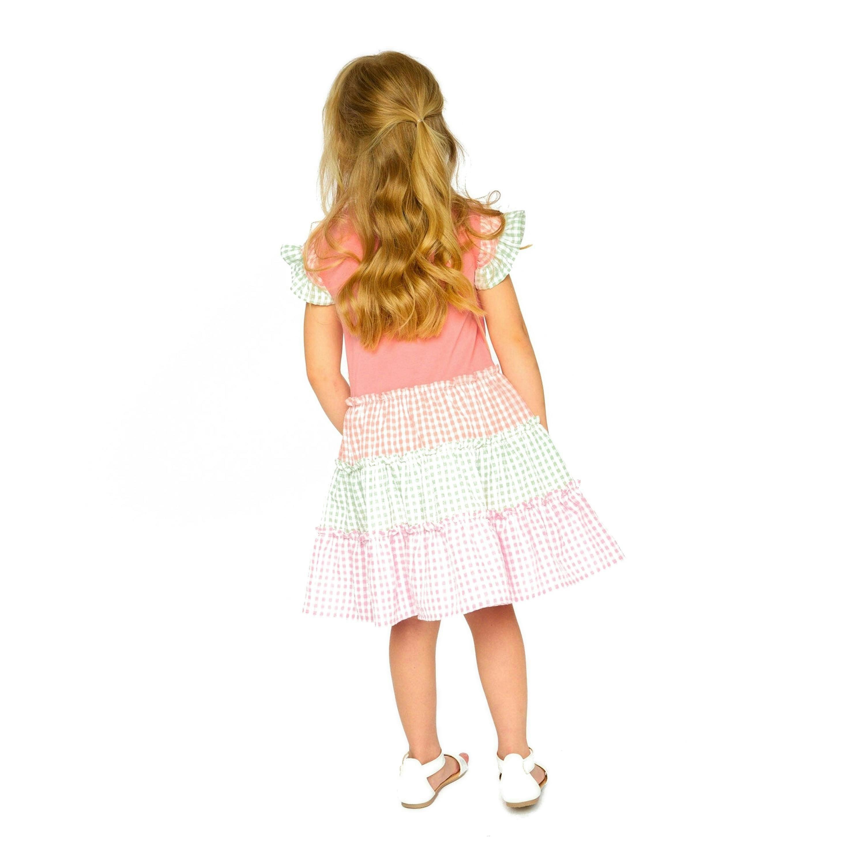 Organic Cotton Bi-Material Dress Coral And Gingham , view 2 of 4