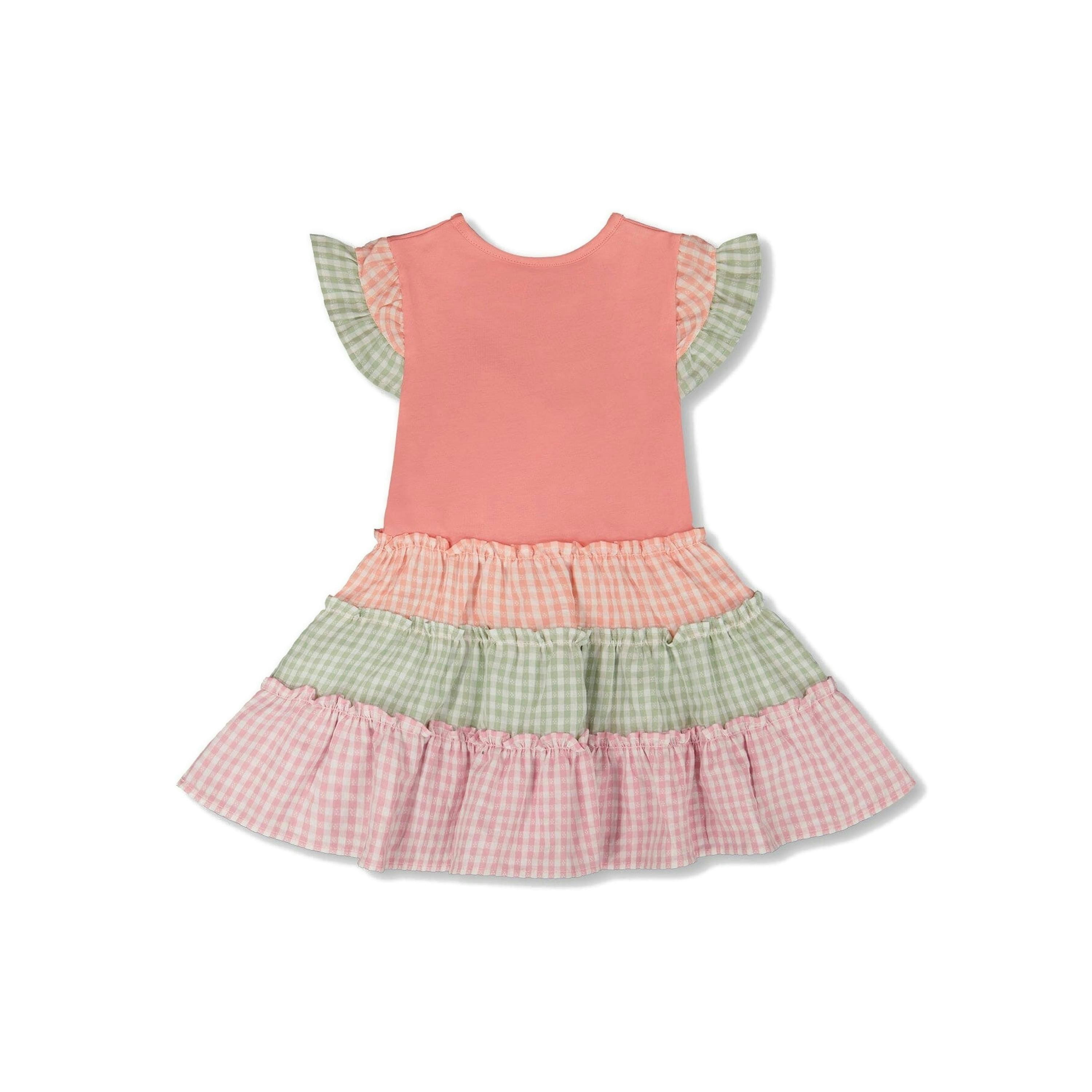 Organic Cotton Bi-Material Dress Coral And Gingham , view 3 of 4