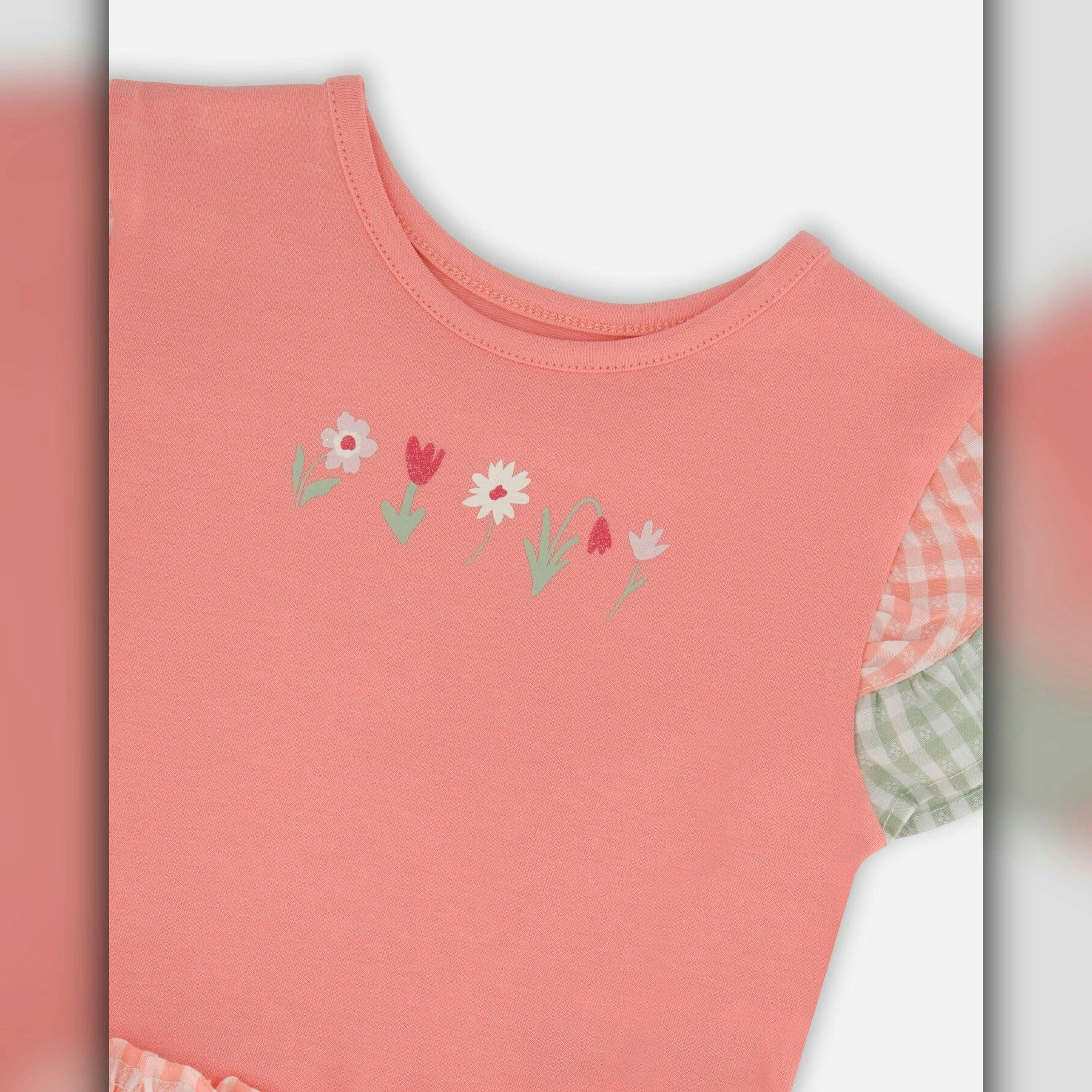 Organic Cotton Bi-Material Dress Coral And Gingham , view 4 of 4