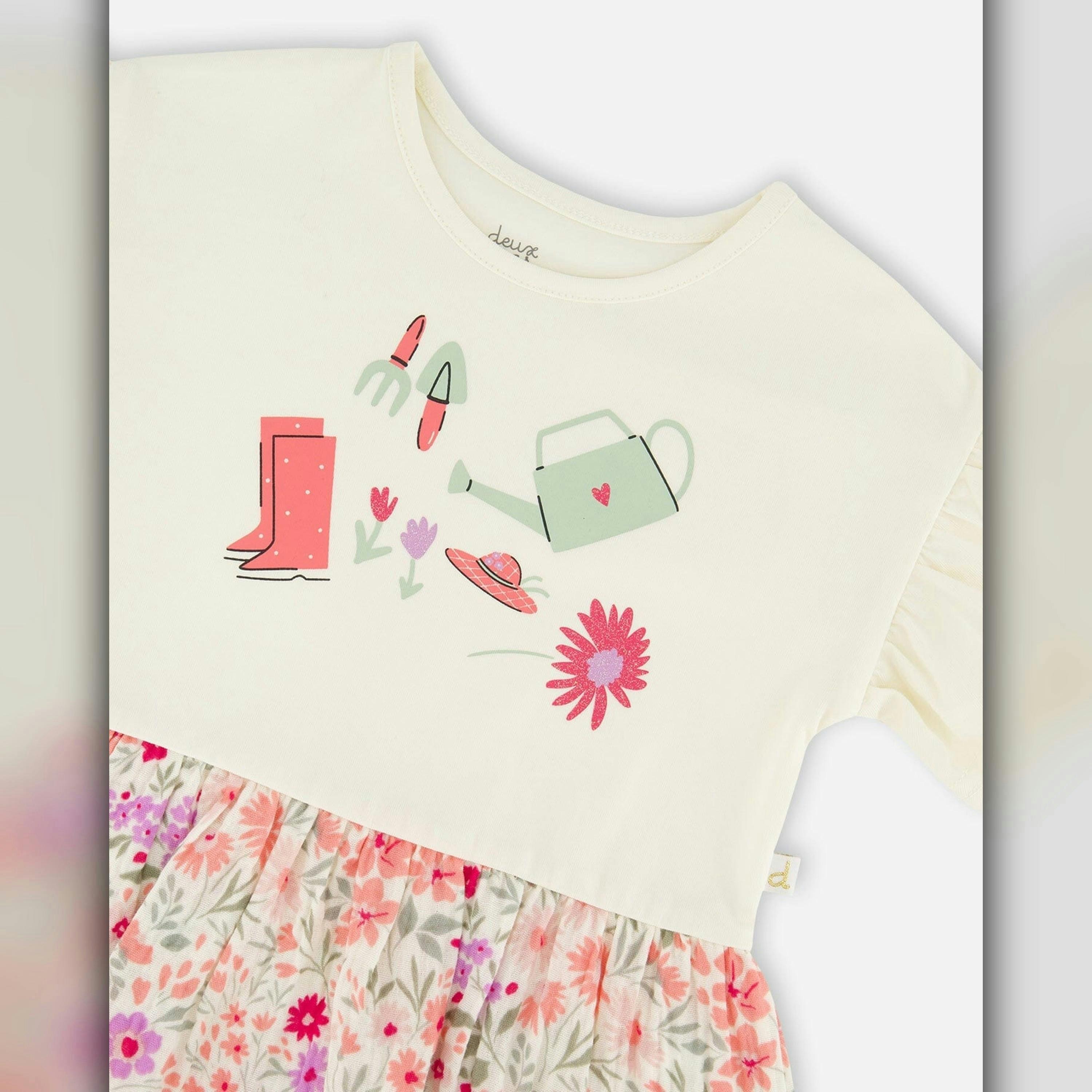 Organic Cotton Bi-Material Tunic Beige Flowers Print , view 5 of 5