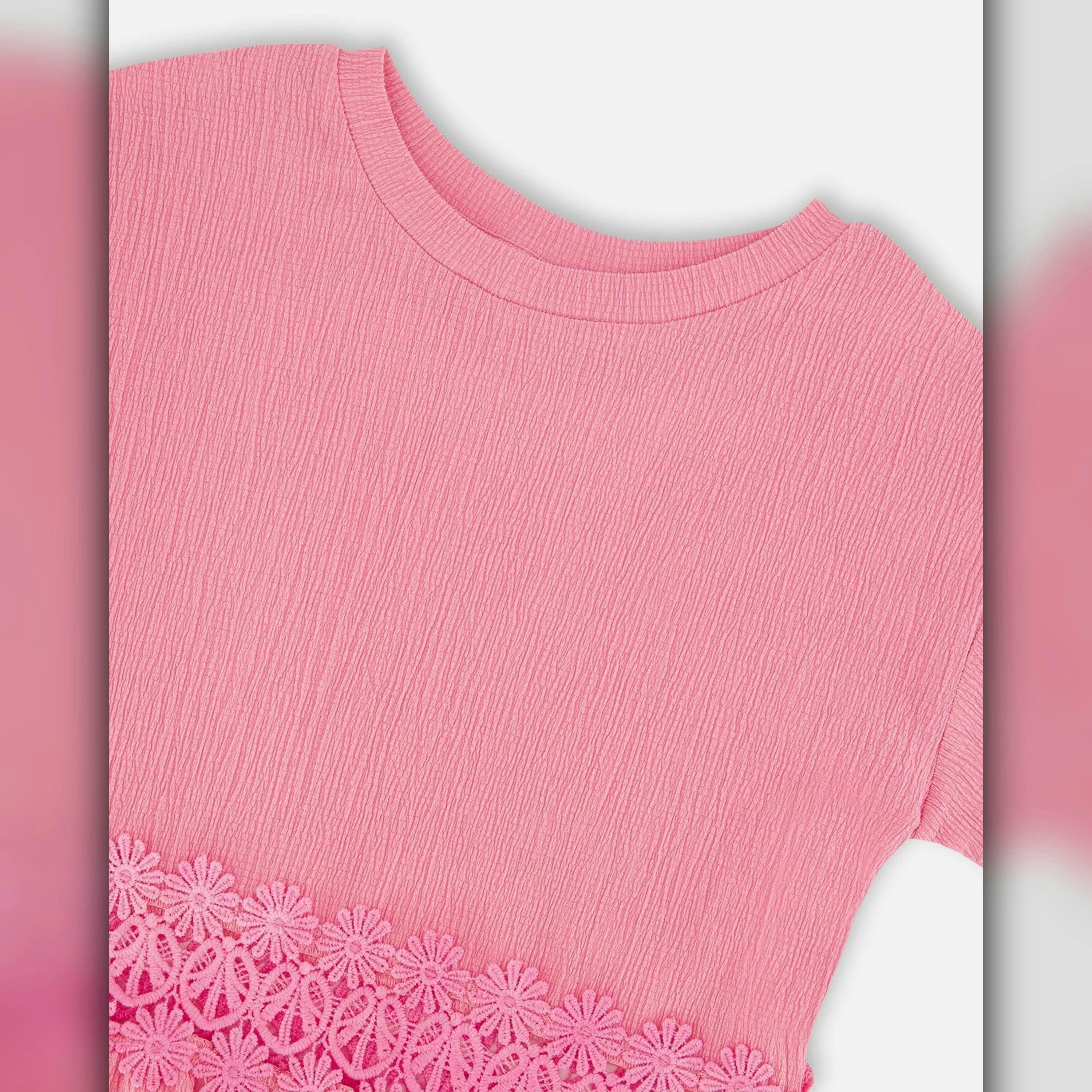 Crinkle Jersey Long T-Shirt with Crochet Insert Pink , view 3 of 3