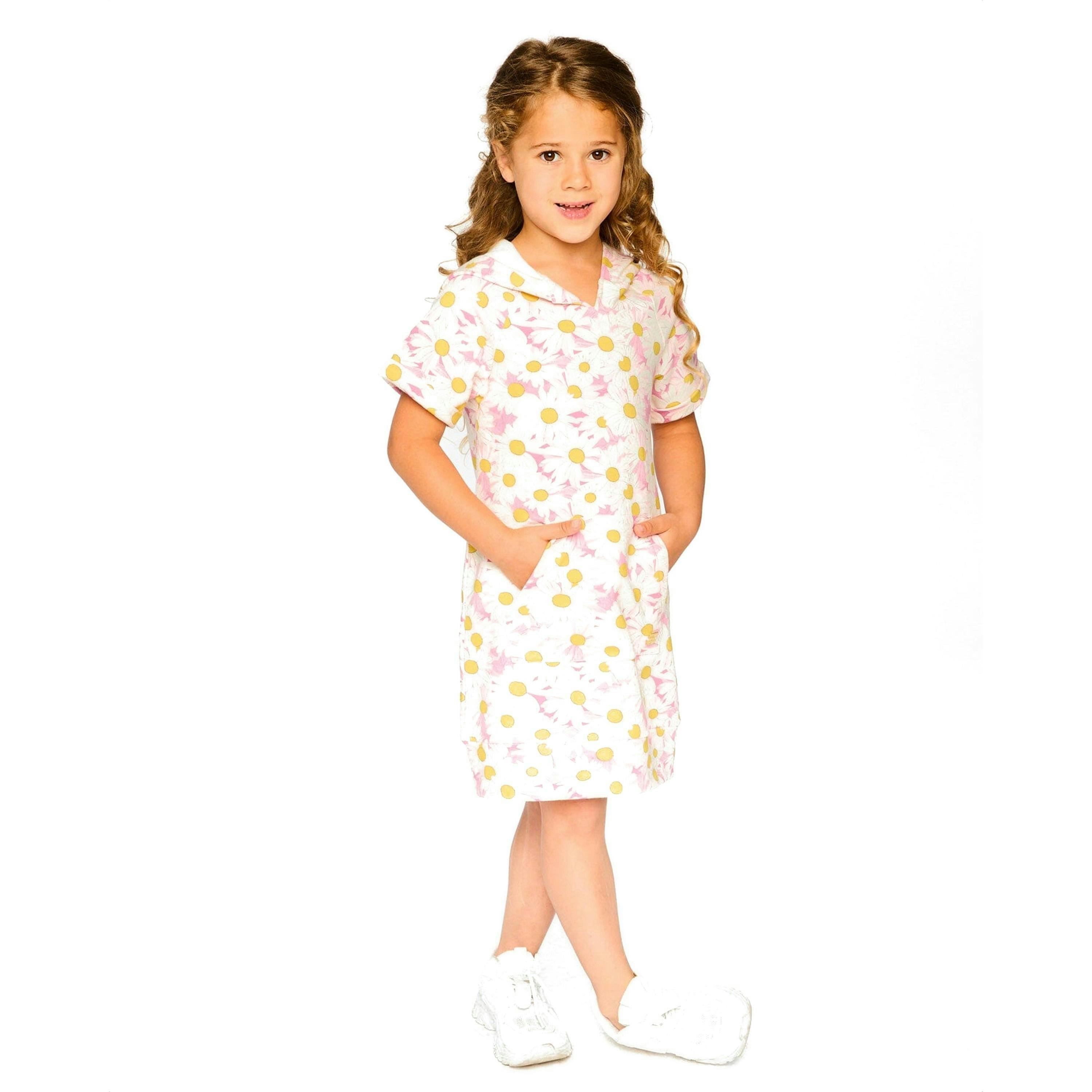 French Terry Hooded Dress Pink Printed Daisies , view 2 of 4
