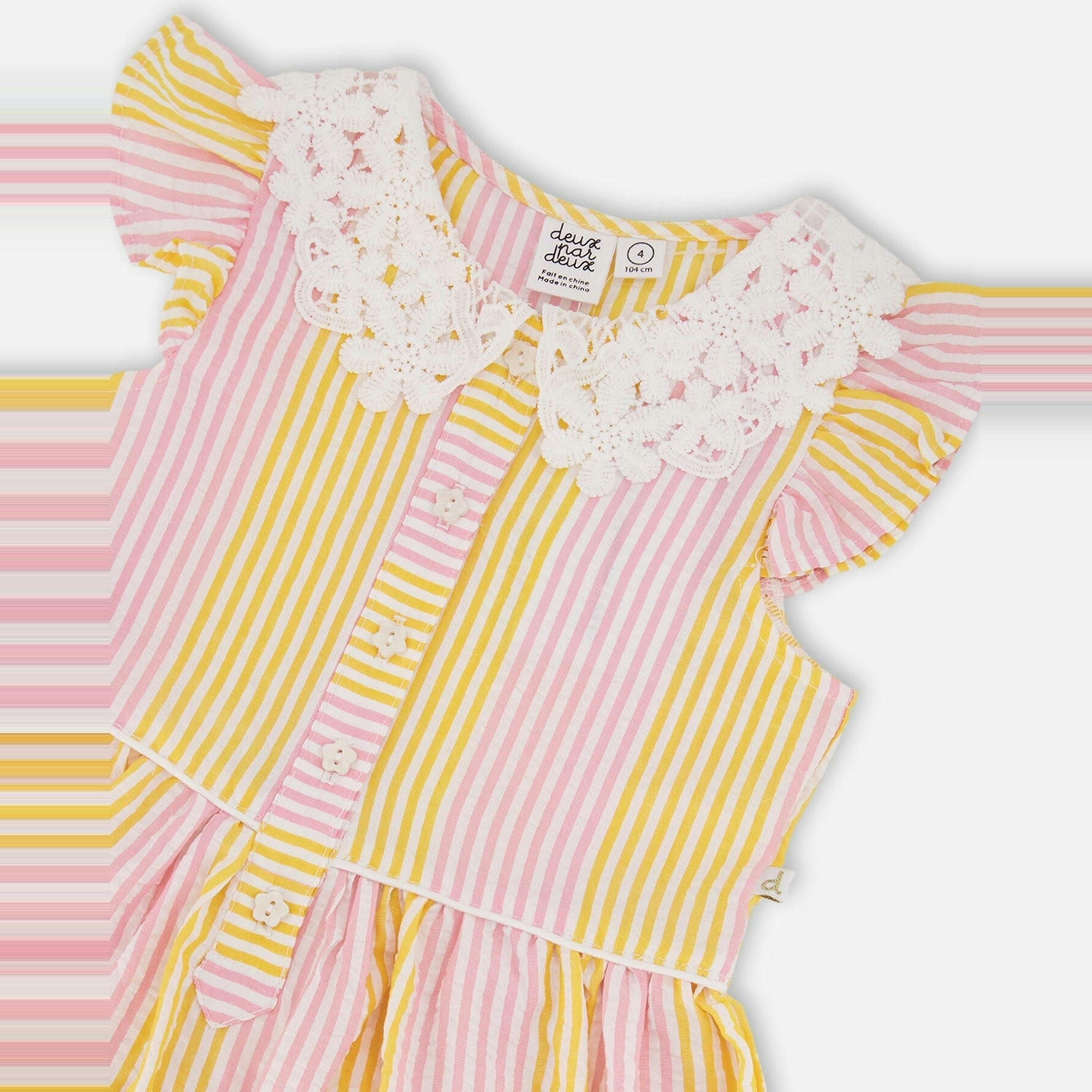 Sleeveless Dress with Crochet Peter Pan Collar Pink and Yellow Stripes , view 2 of 2