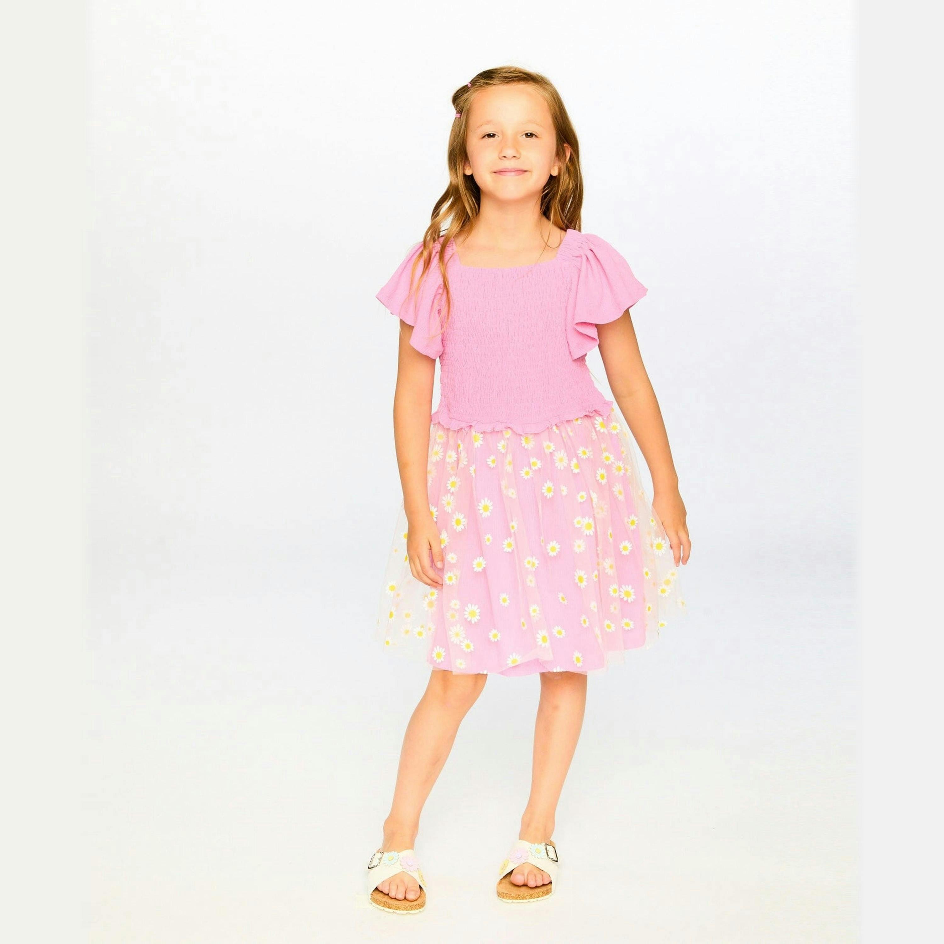 Mesh And Crinkle Jersey Dress With Smocking Pink , view 2 of 4