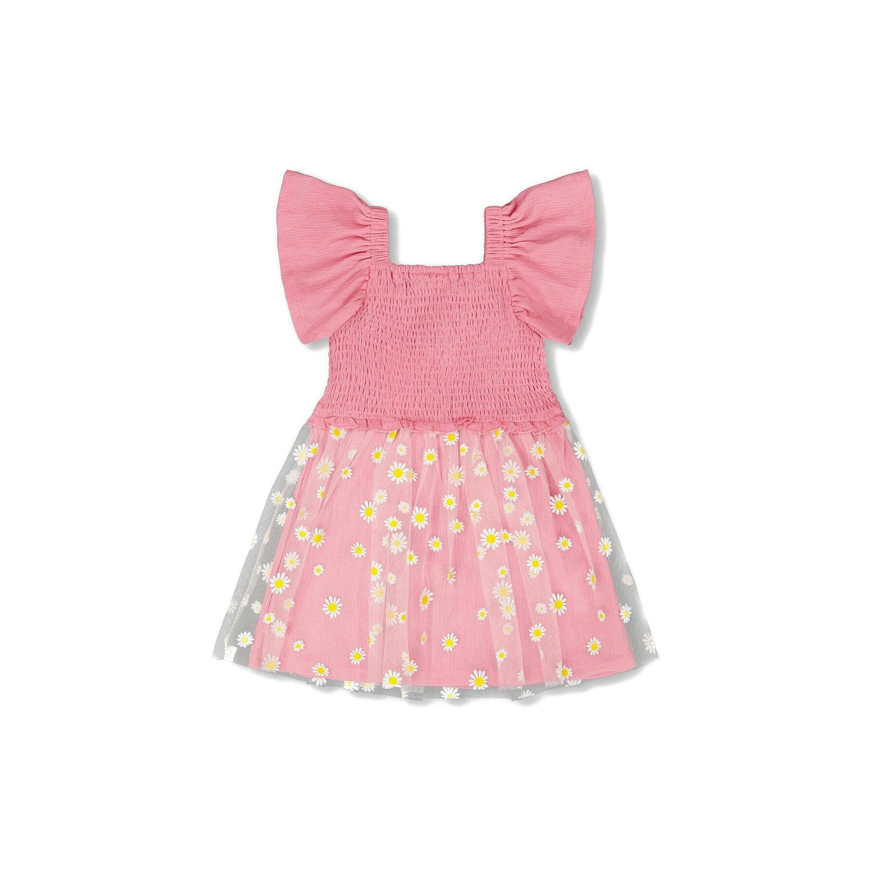 Mesh And Crinkle Jersey Dress With Smocking Pink , view 3 of 4