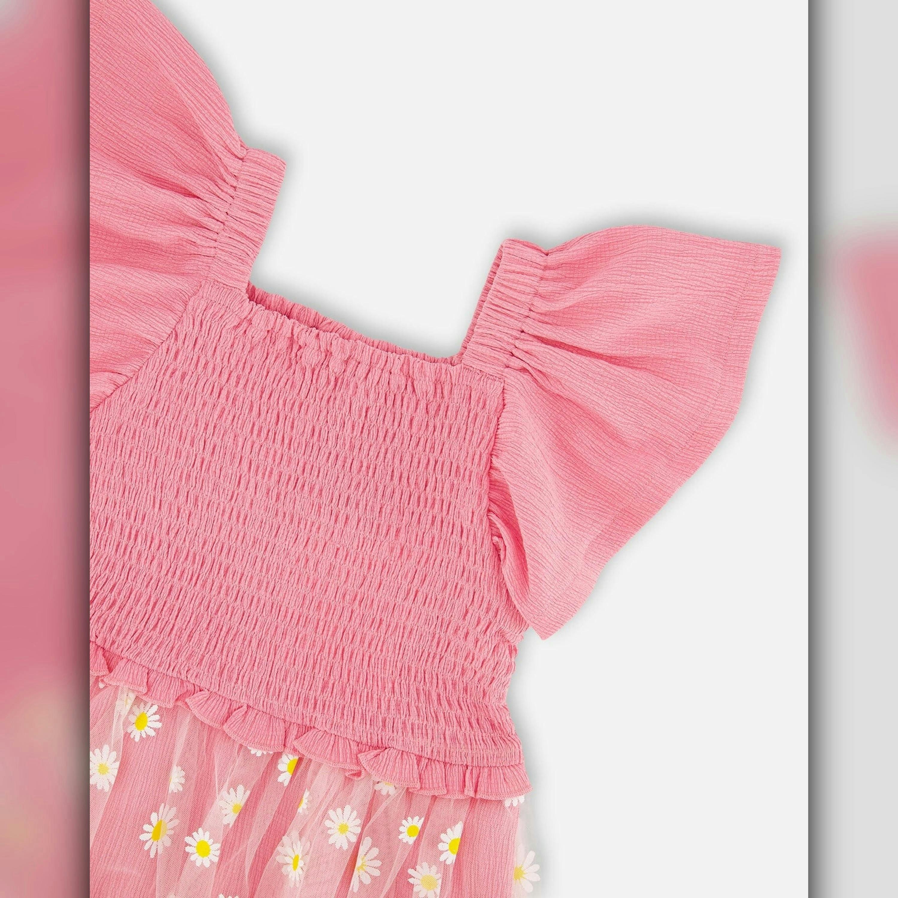 Mesh And Crinkle Jersey Dress With Smocking Pink , view 4 of 4
