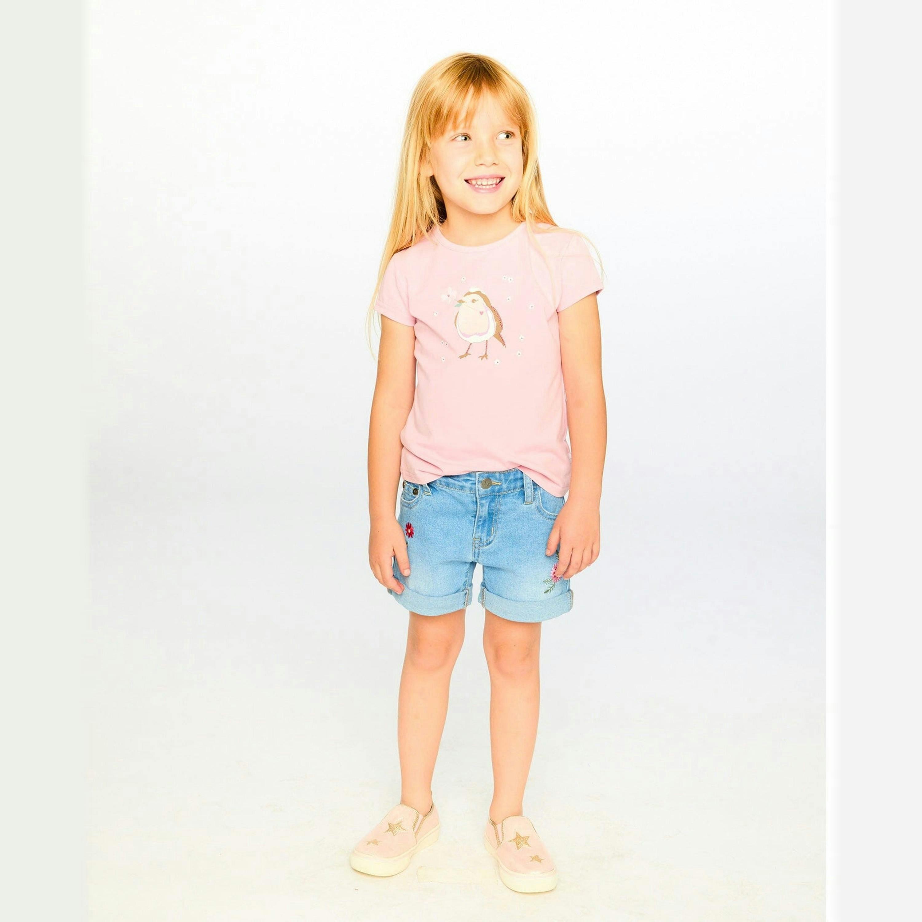 Light Blue Denim Shorts with Embroidery , view 2 of 3