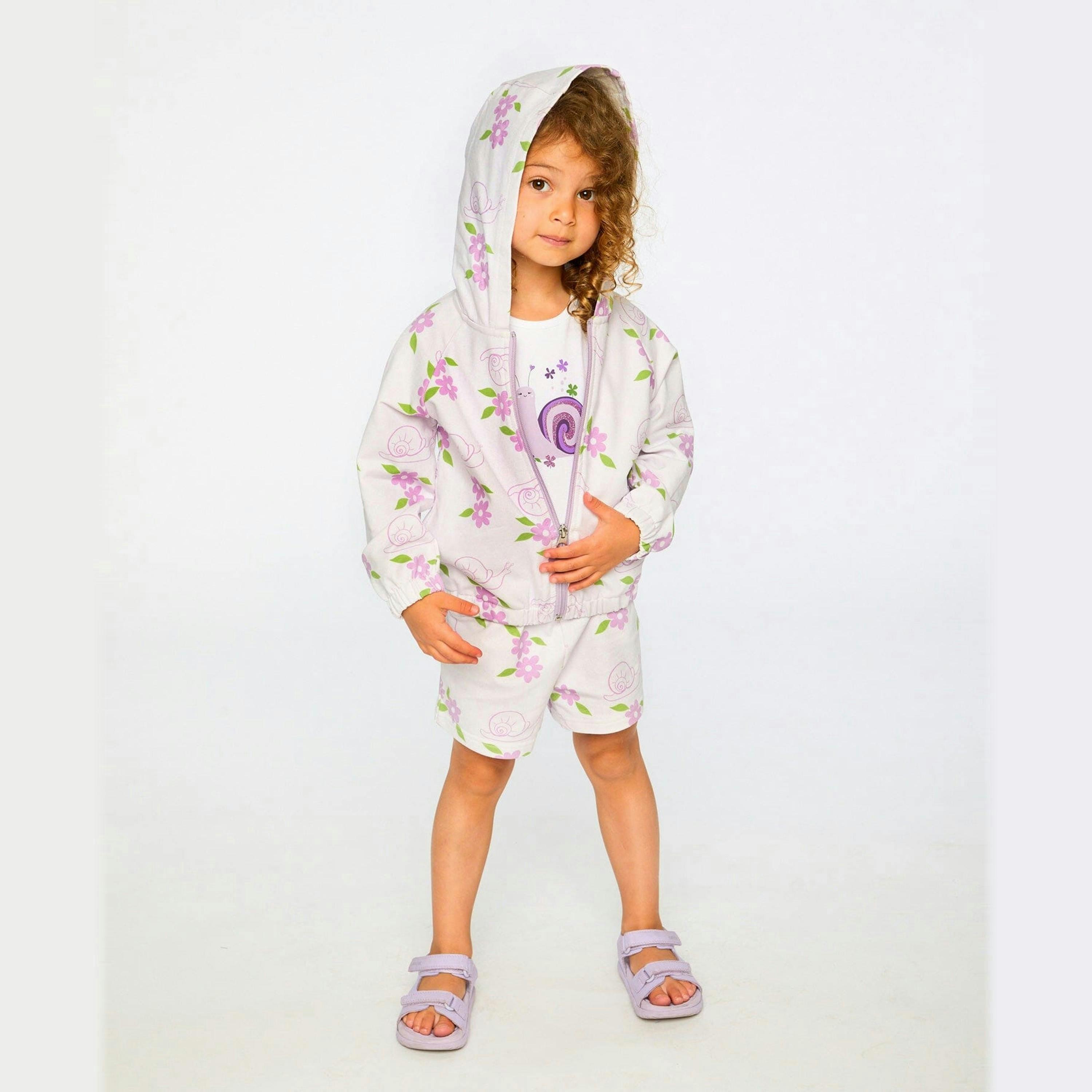 French Terry Hooded Cardigan Lilac Snails Print , view 3 of 3