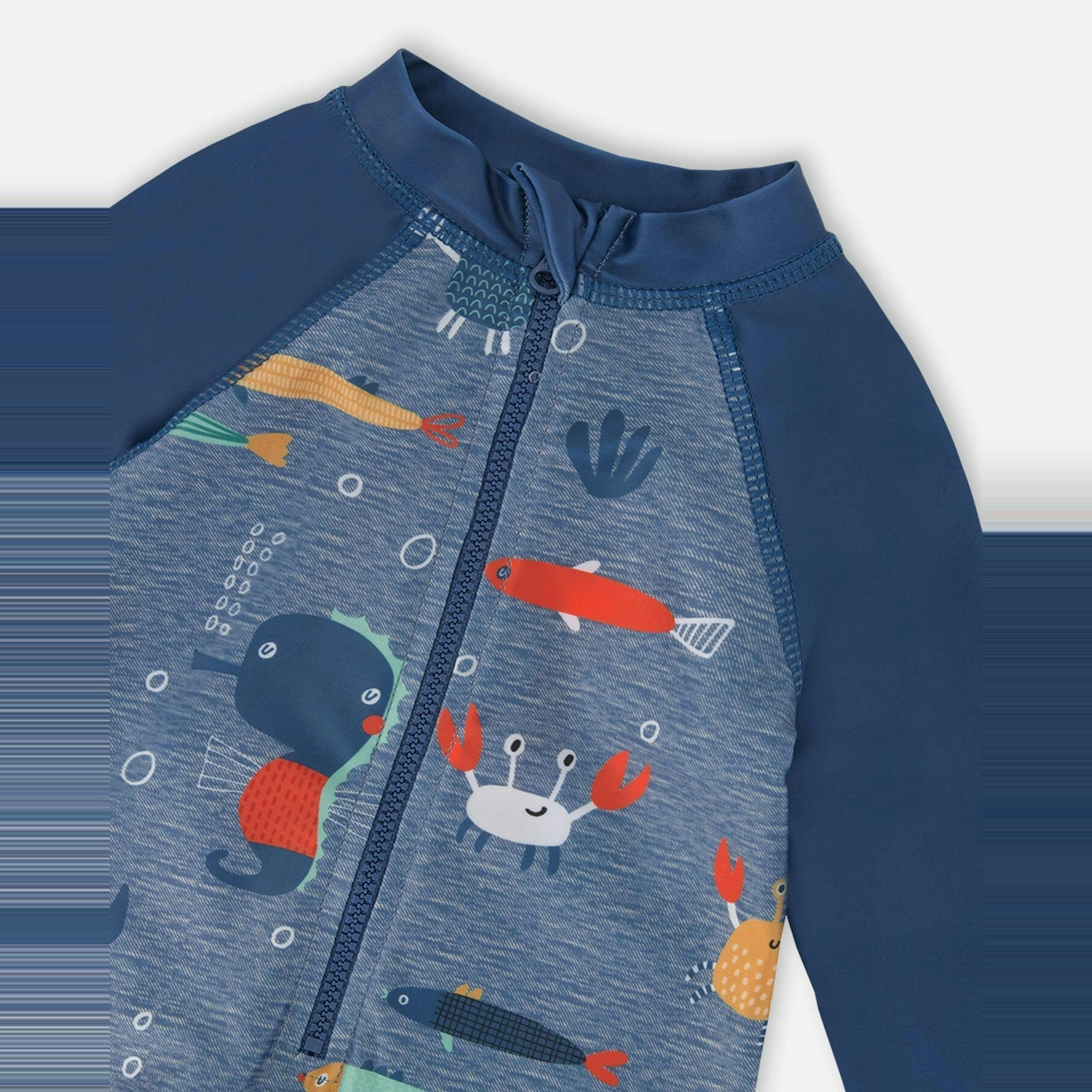 Baby And Toddler One-Piece Long Sleeve Rashguard Blue Printed Marine Animals , view 4 of 4
