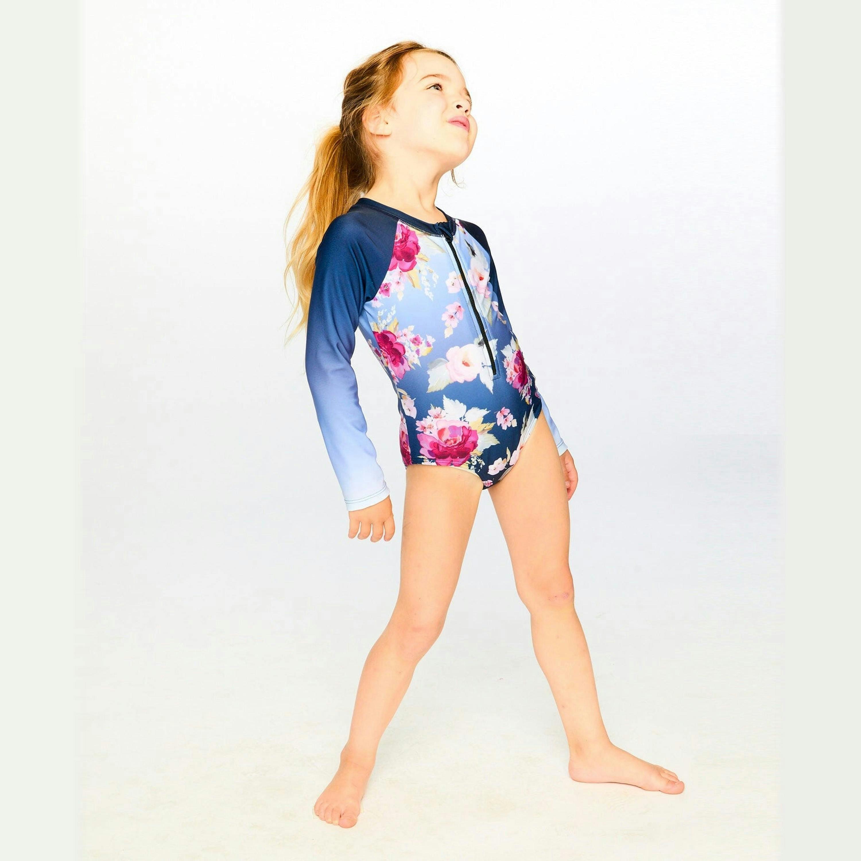 One-Piece Long Sleeve Rashguard Blue Rose Print , view 3 of 5