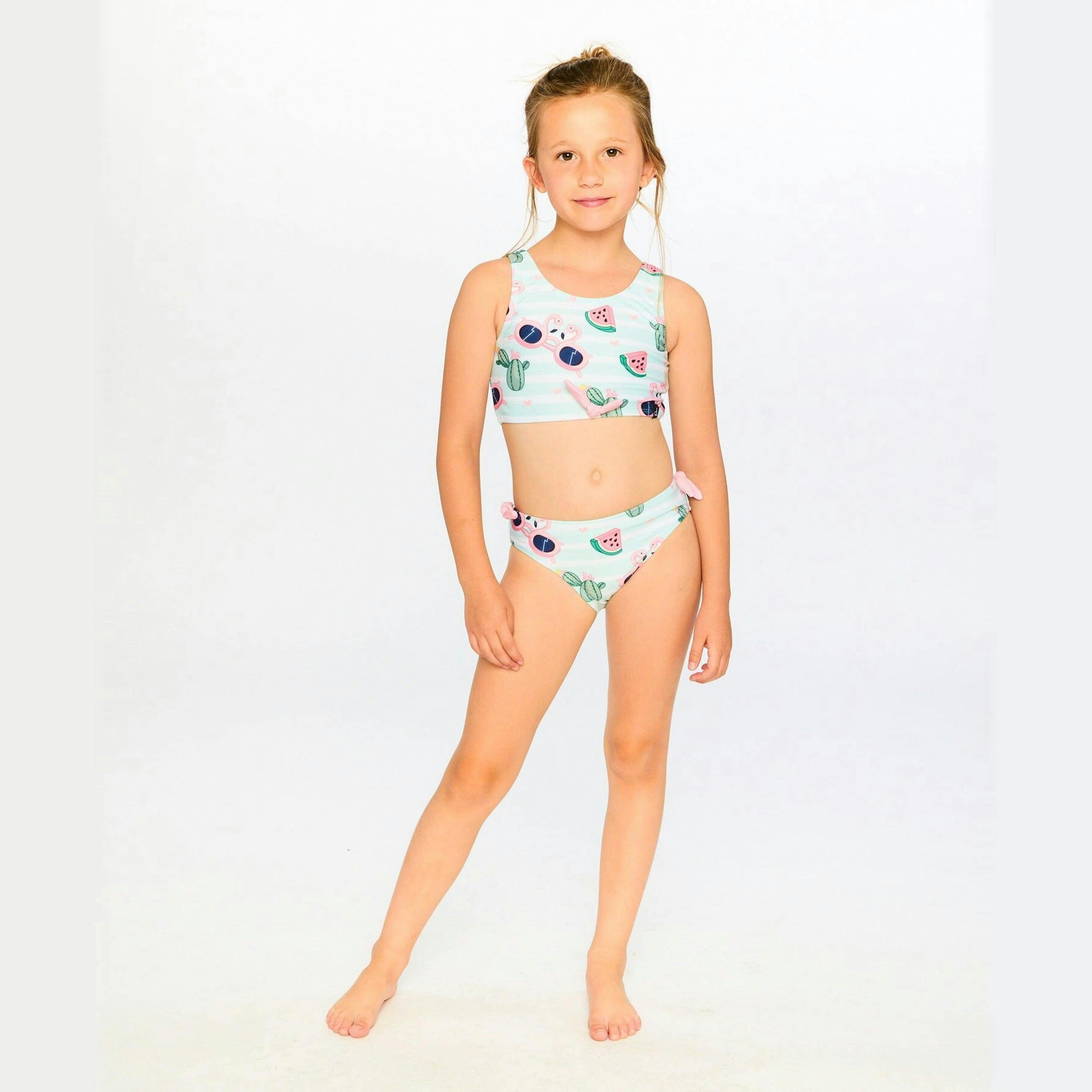 Two-Piece Swimsuit Blue Flamingo And Cactus Print , view 3 of 6