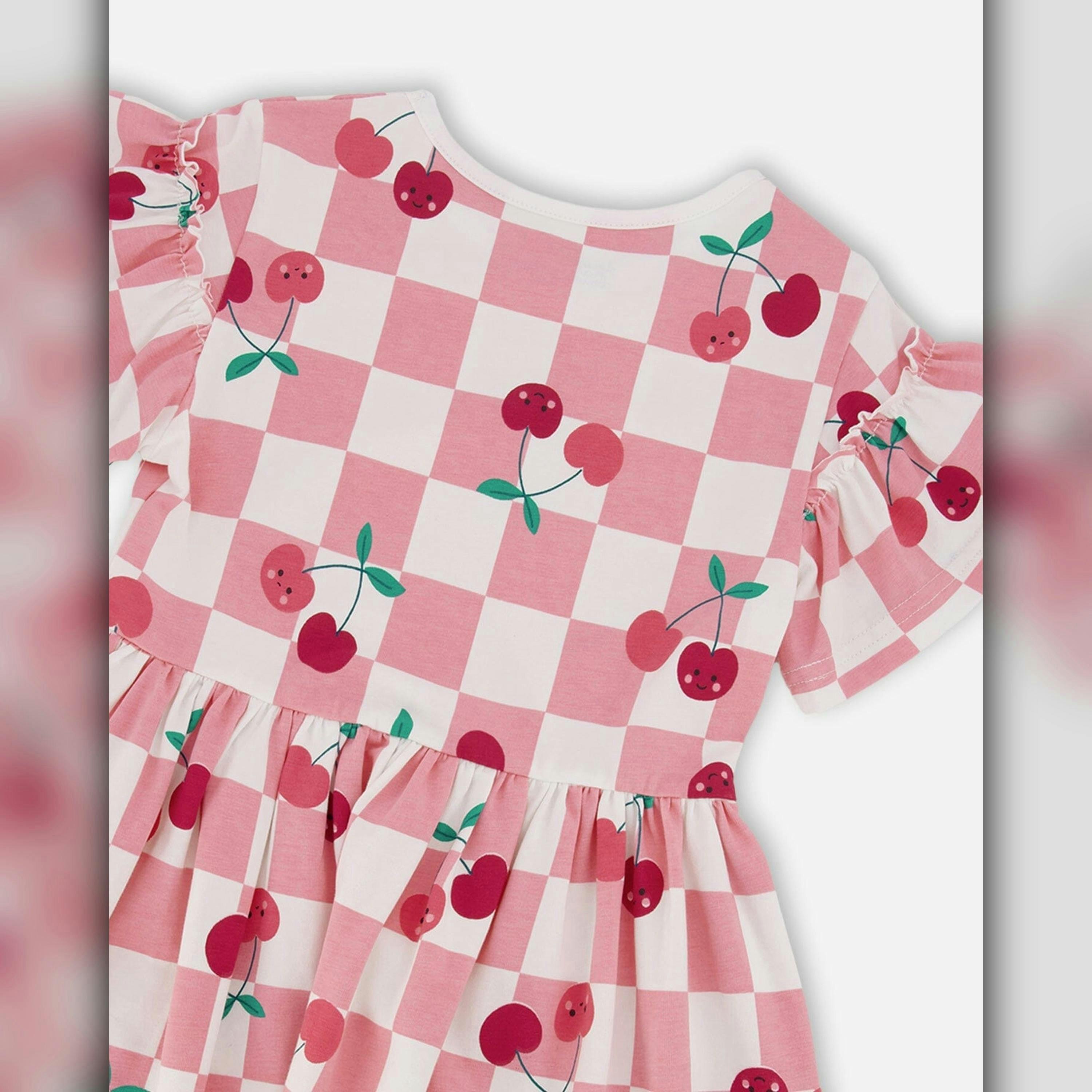 Organic Cotton Jersey Dress Pink Printed Cherries , view 3 of 3